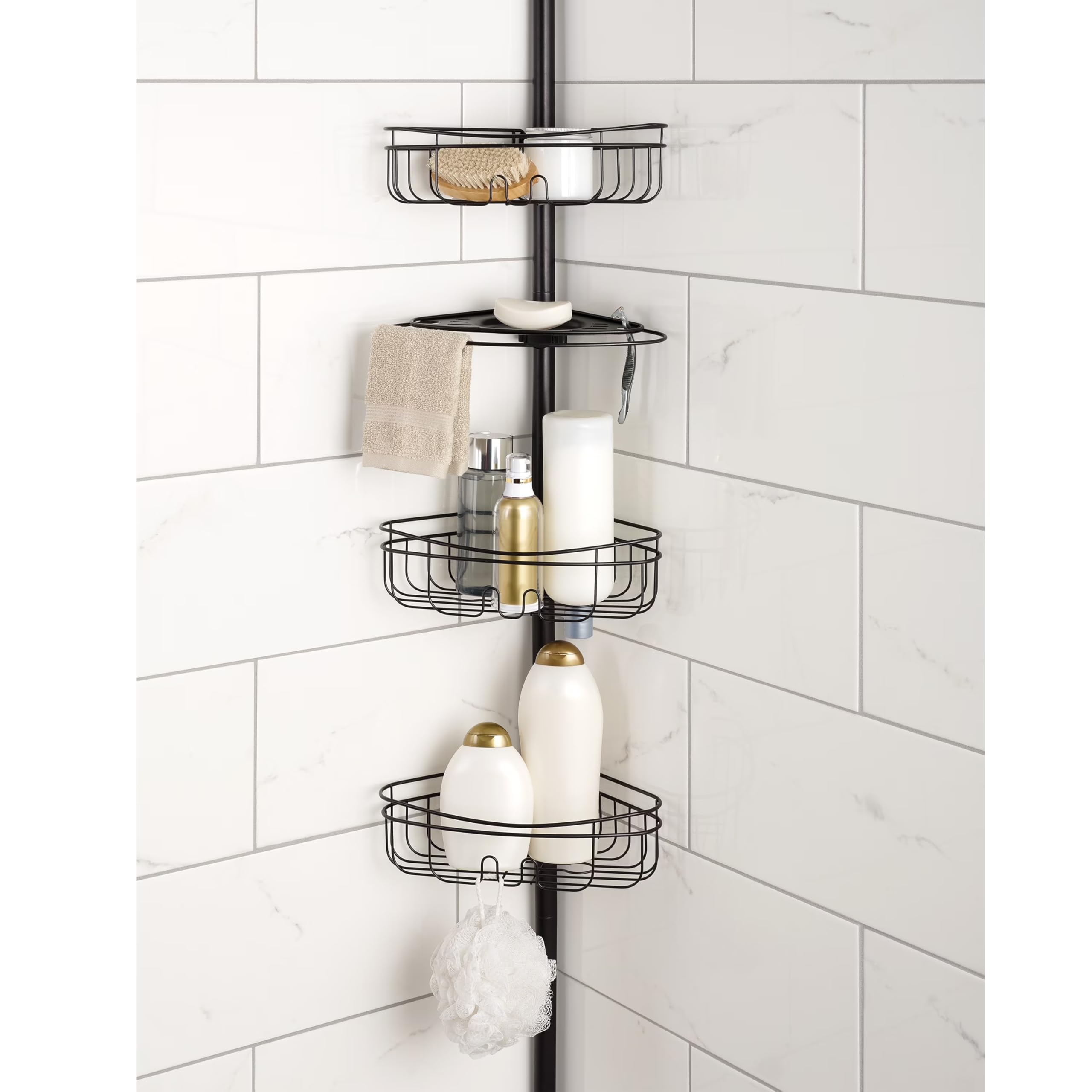 4-Tier Tension Pole Shower Caddy with Adjustable Baskets Soap Tray in Oil-Rubbed Bronze