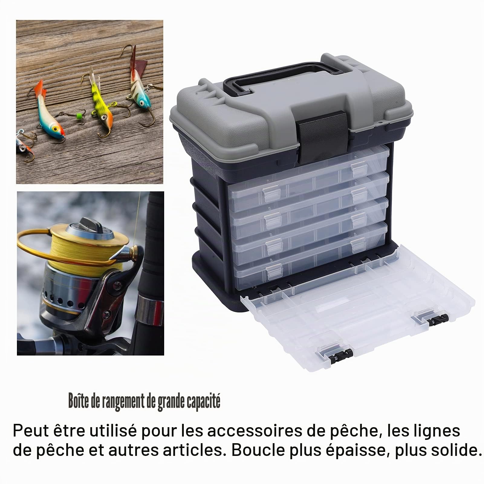 Kit de pêche à la carpe, utilitaire portable 4 couches, grande boîte à pêche, poignée en plastique, étui de pêche à la carpe, outils pour eau douce et eau salée