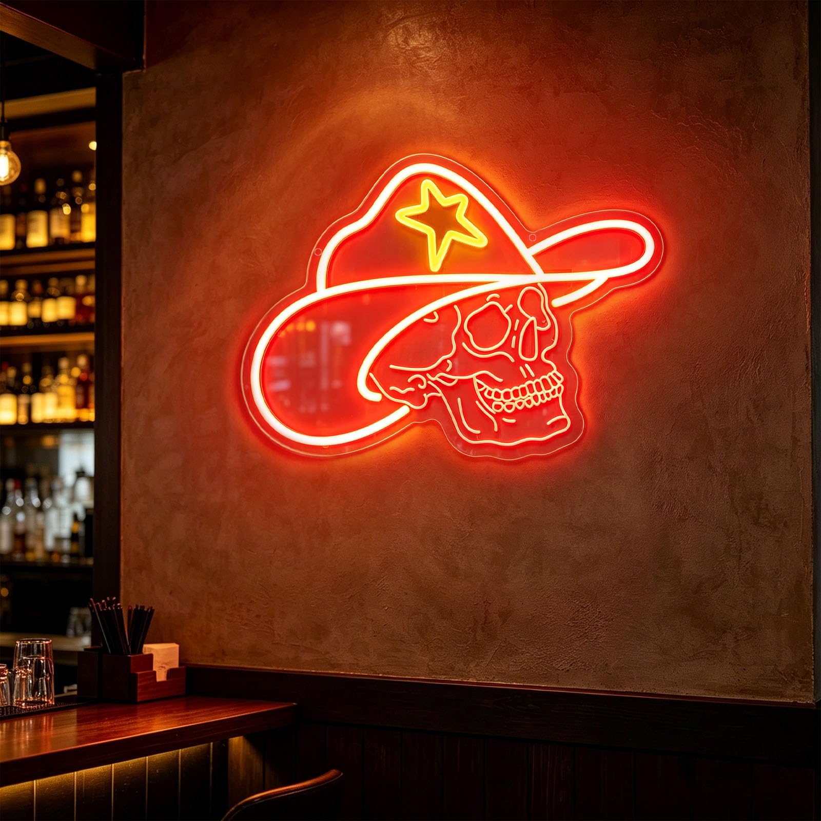 Cowboy Hat Skull Neon Sign Halloween Themed Neon Light Sign for Wall Decor Skull Wall Art Acrylic LED Lights for Terror Squad Escape Room Shop Bar (5V D 15.7 in × W 11.4 in)