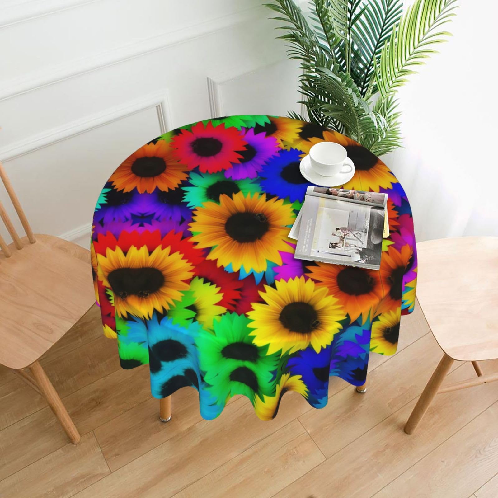 hhxvcv Rainbow Sunflower Round Tablecloth – Dining Table Cover