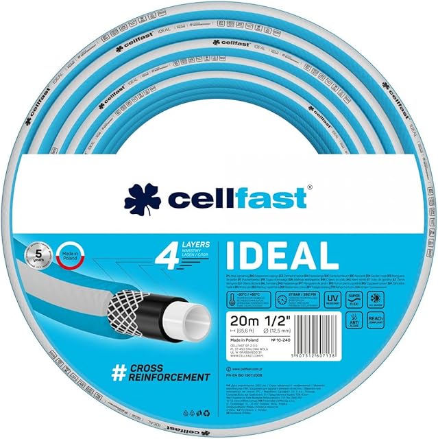 CELLFAST Cellfast Gartenschlauch IDEAL, Strapazierfähig, Flexibel, 4-lagig, Haltbare Kreuzgeflecht, UV und Algenbeständig, REACH-Technologie, 27 Bar, -20/+60° kurzfristig 1/2", 20m — Schläuche