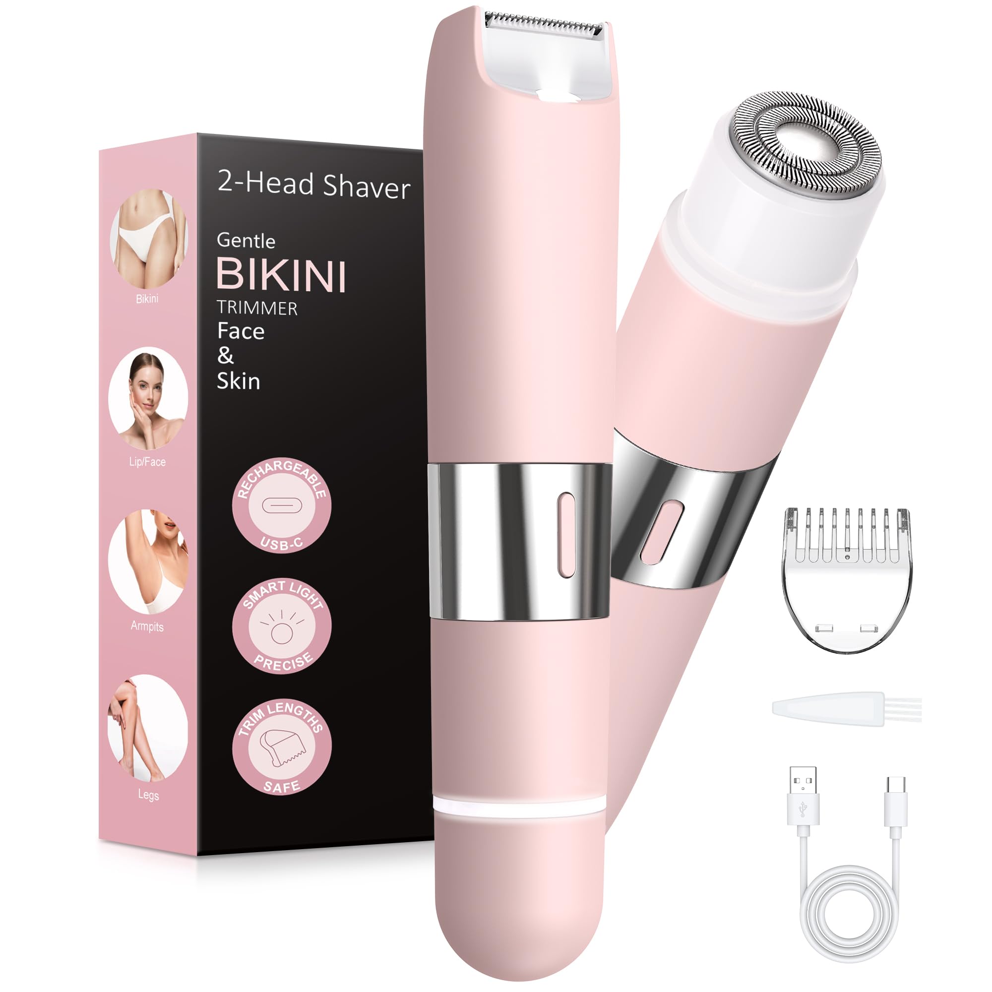 Bikini Trimmer Women 2-in-1 Facial Hair Remover for Women,USB-C Razors Woman,Dual Head Shaver Women with Smart Light for Intimate,Lady Shavers for Woman Pubic Hair for Lip Underarm Body,Travel Lock