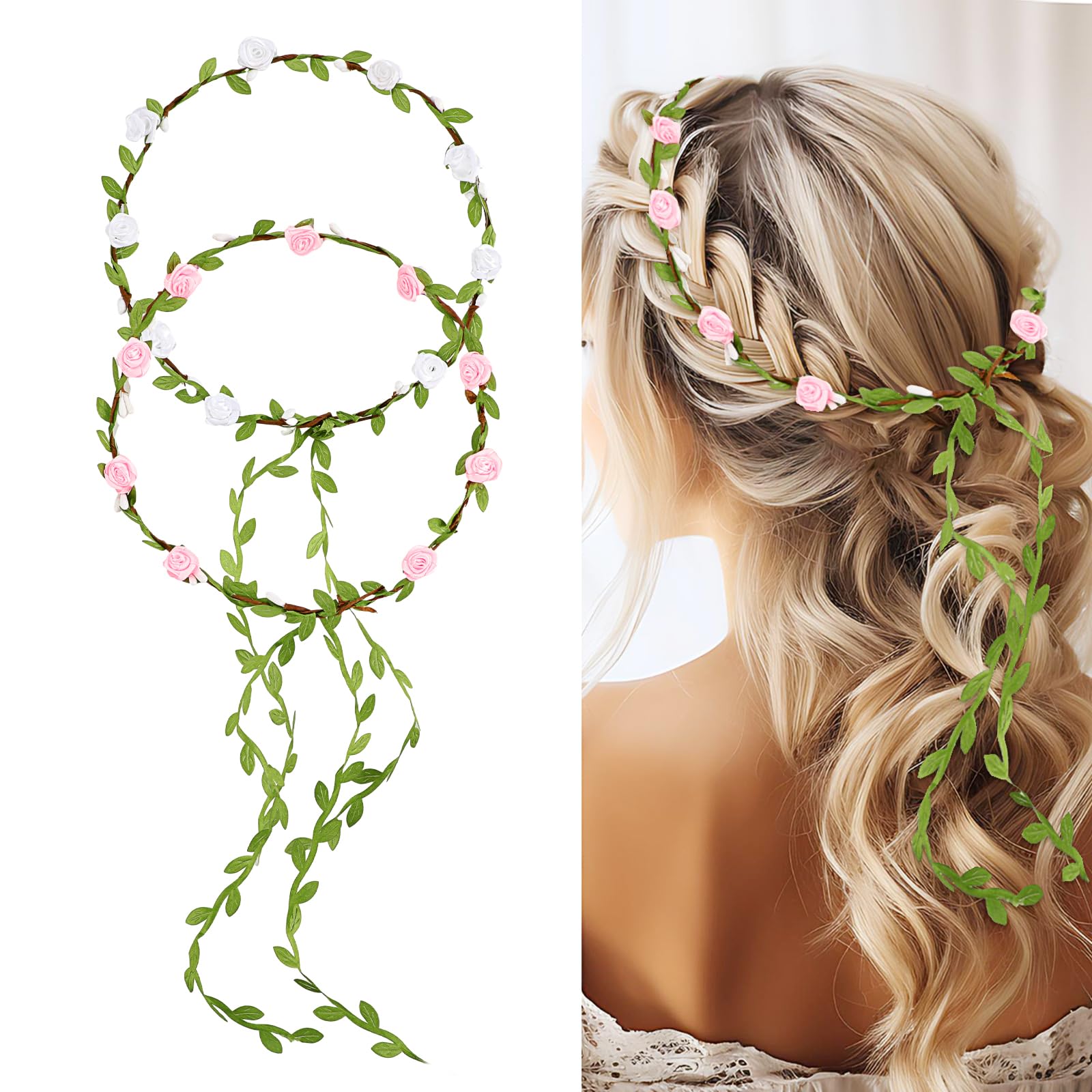 Rose Leaf Headband,2pcs Floral Wedding Headpieces Handmade Bridal Crown Ladies Garland Headdress for Women (Pink+White)