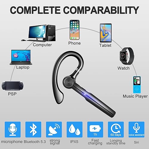 Miniatura 5 de Bluetooth Headset with Microphone,48Hrs V5.3 Handsfree Wireless Headset Bluetooth Earpiece for Cell PhoneBusinessOfficeDrivingTrucker