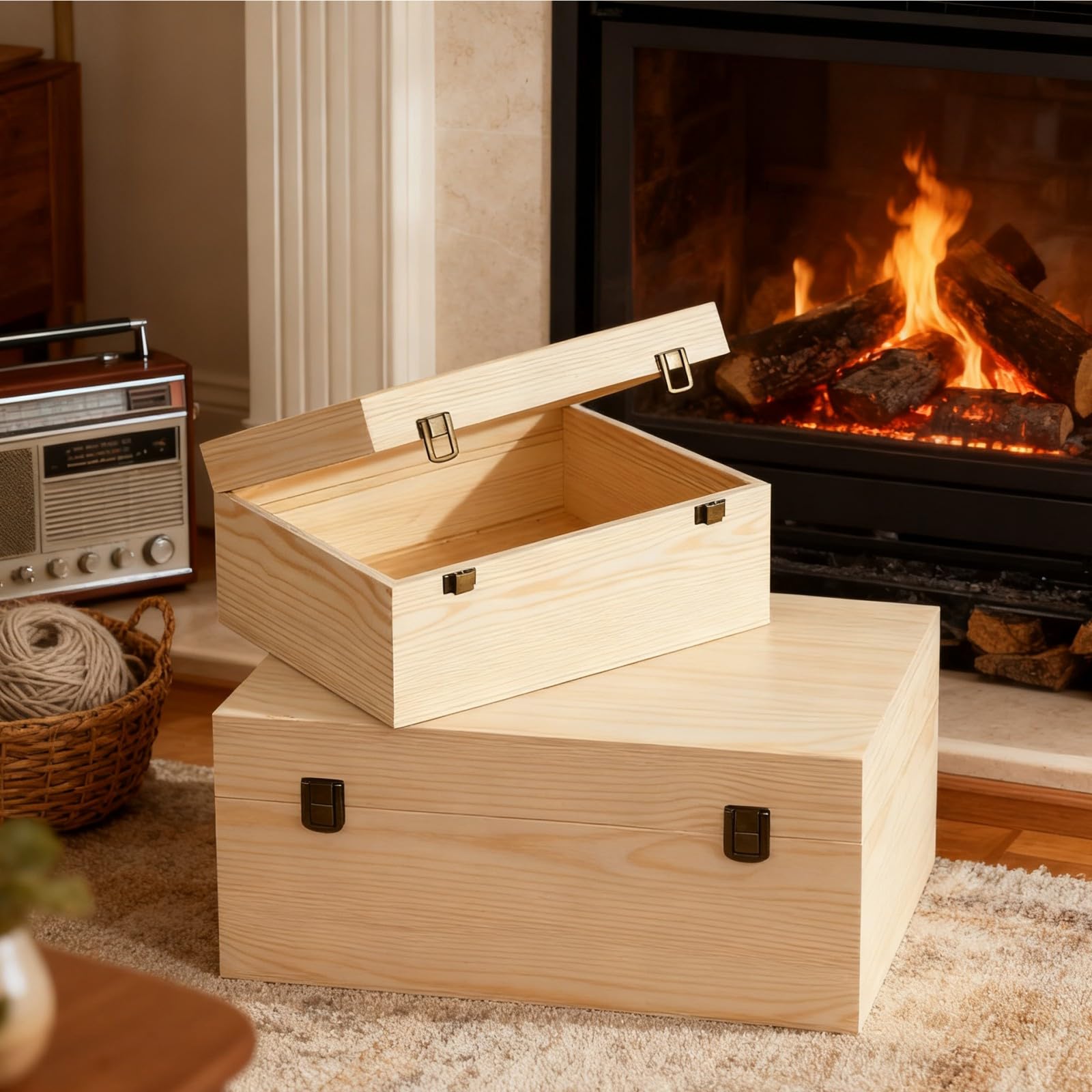 Scatola in legno grezzo con coperchio incernierato e chiusura frontale, scatola rettangolare non verniciata in legno fai da te per gioielli e monete