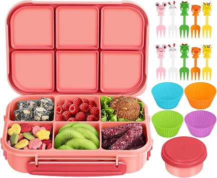 Amathley Lunch Box Kids Girls Boys,Bento Box Adult,Toddler Lunch Containers for School,Leakproof Snack Containers with 6 Compartments,Sauce Container,10 Food Picks and 4 Muffin Cups Pink