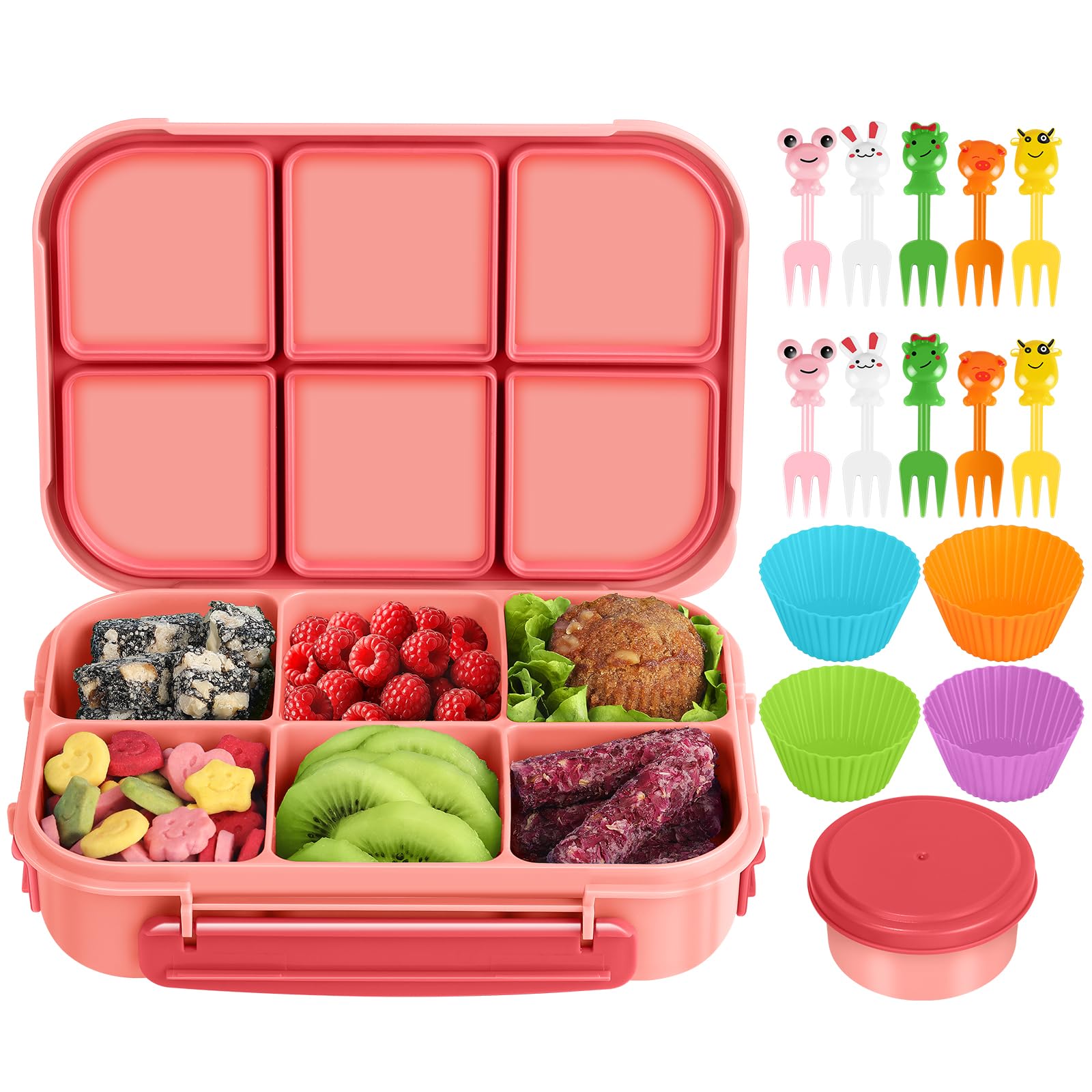 Amathley Brotdose Kinder mit FäChern,Bento Box Kinder,Brotdose Erwachsene,1200ml Lunchbox snackbox mit 6 FäChern,Saucenbehälter,10 Cartoon Bento Obstgabeln und 4 Muffinförmchen (Rosa Beere)