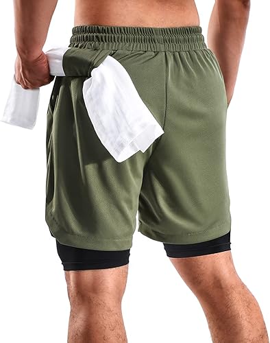 Miniatura 2 de 2 in 1 Mens Shorts Casual 2 Pack, Running Gym Shorts for Men 7 Inch, Workout Shorts Men with Pockets &Towel Loop negro y verde