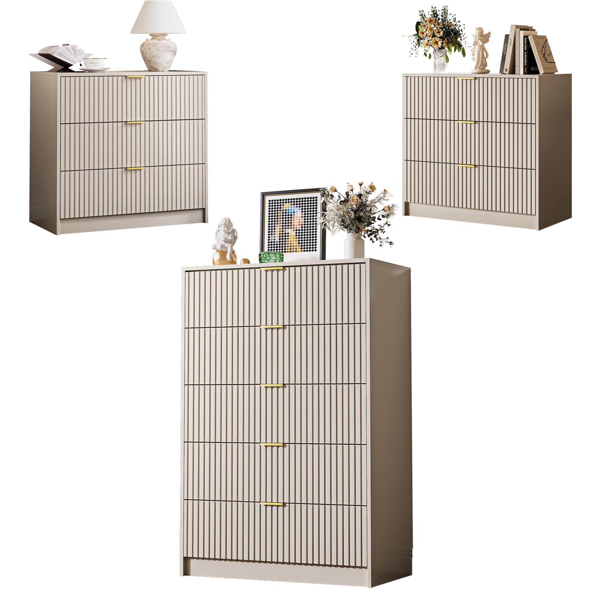 MAISONARIA 3-Piece Dresser Bedroom Set, 5 Drawer Dresser & 3 Drawer Nightstands with Gold Handles, Fluted Wood Chest of Drawers for Bedroom, Living