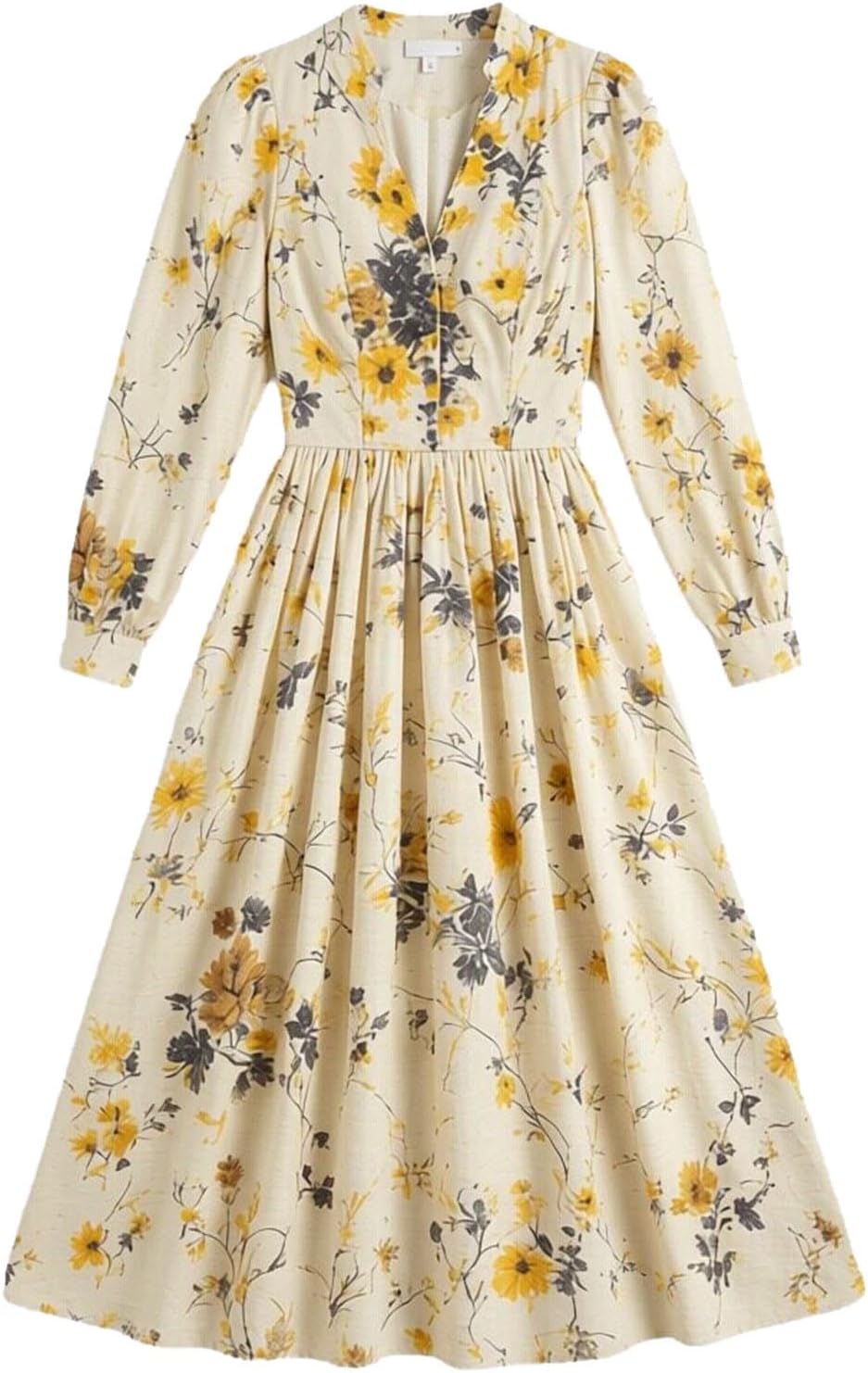 Elegant Long Sleeve Swing Midi Dress for Women Vintage Floral Print A-Line Party Cocktail Dresses