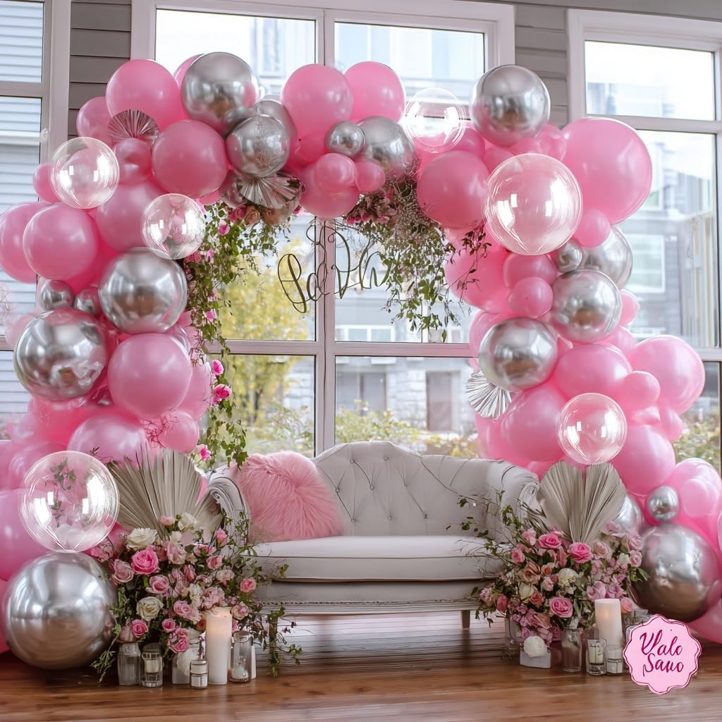 Red White Balloon Garland DOUBLE STUFFED Pink and Silver Balloons Different Size for Birthday Baby Shower Fall Halloween Thanksgiving Party Decoration