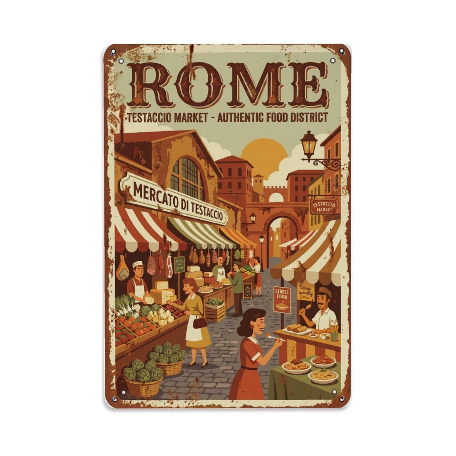 Vintage Travel Rome Testaccio Market Food District Rusted Italy Metal Tin Sign Plaque Wall Decor for Cafe, Club Bar, Office, Home Garden Metal Poster 8x12Inch