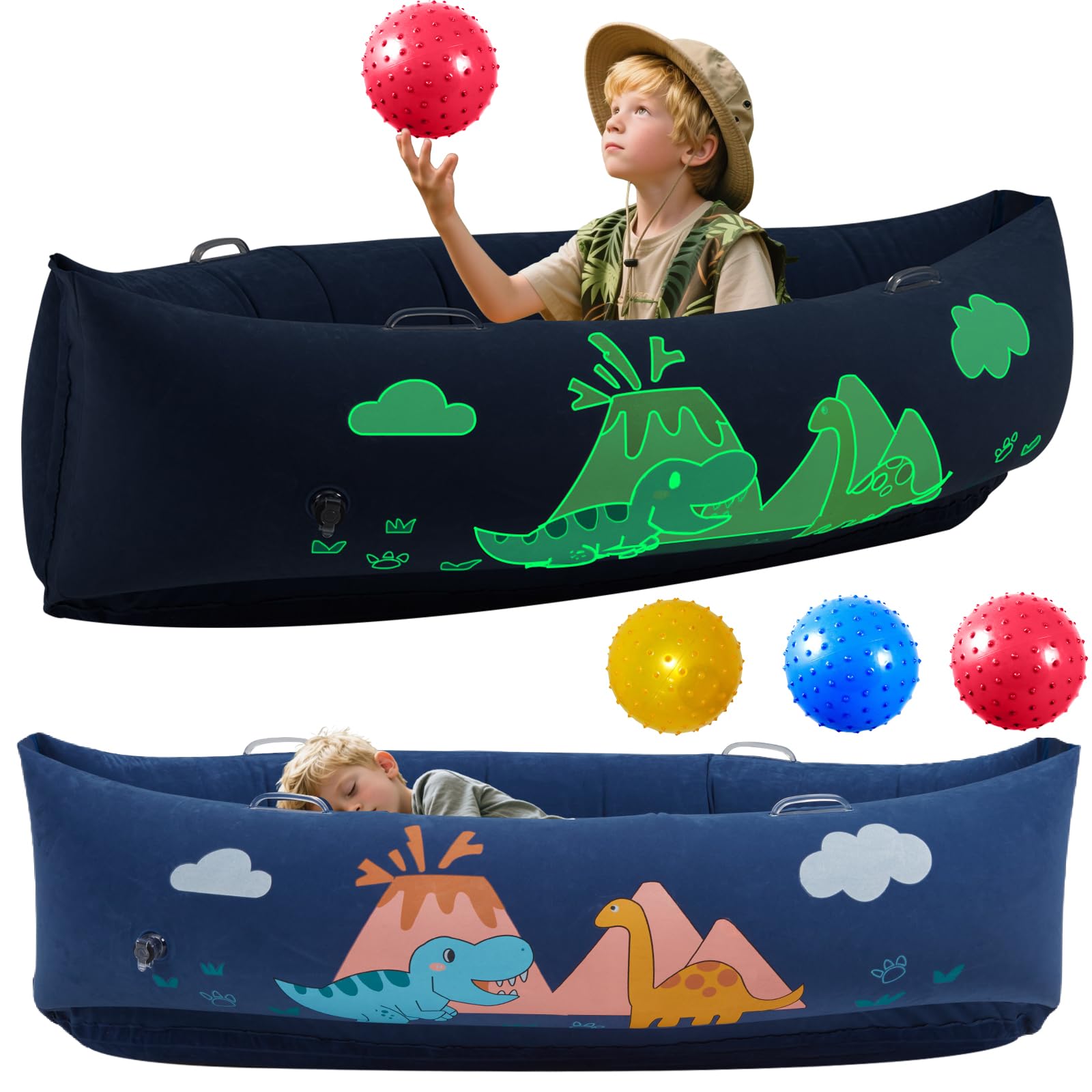 Inflatable Sensory Pea pod Chair for Kids with Glow-in-the-Dark Dinosaur Figure, 152cm ADHD Chair with Handle, Tear-Proof PVC for Safe Rocking & Relaxation, Includes Electric Pump & 3 Sensory Balls โ image 1