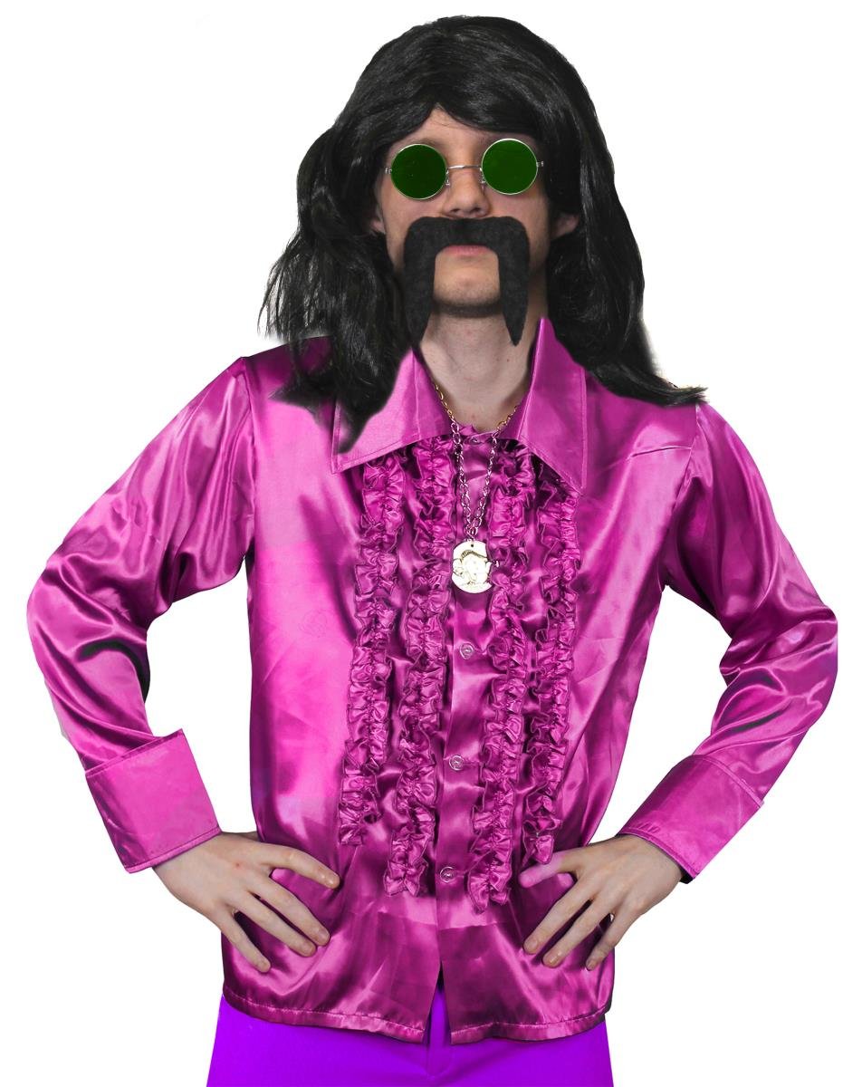 Mens 70s Disco Fancy Dress Costume - Mens Long Black Wig, Pink Disco Shirt, Gold Medallion, Green Glasses + Black Moustache - Funky Fancy Dress Costume - Pink Shirt (Large)