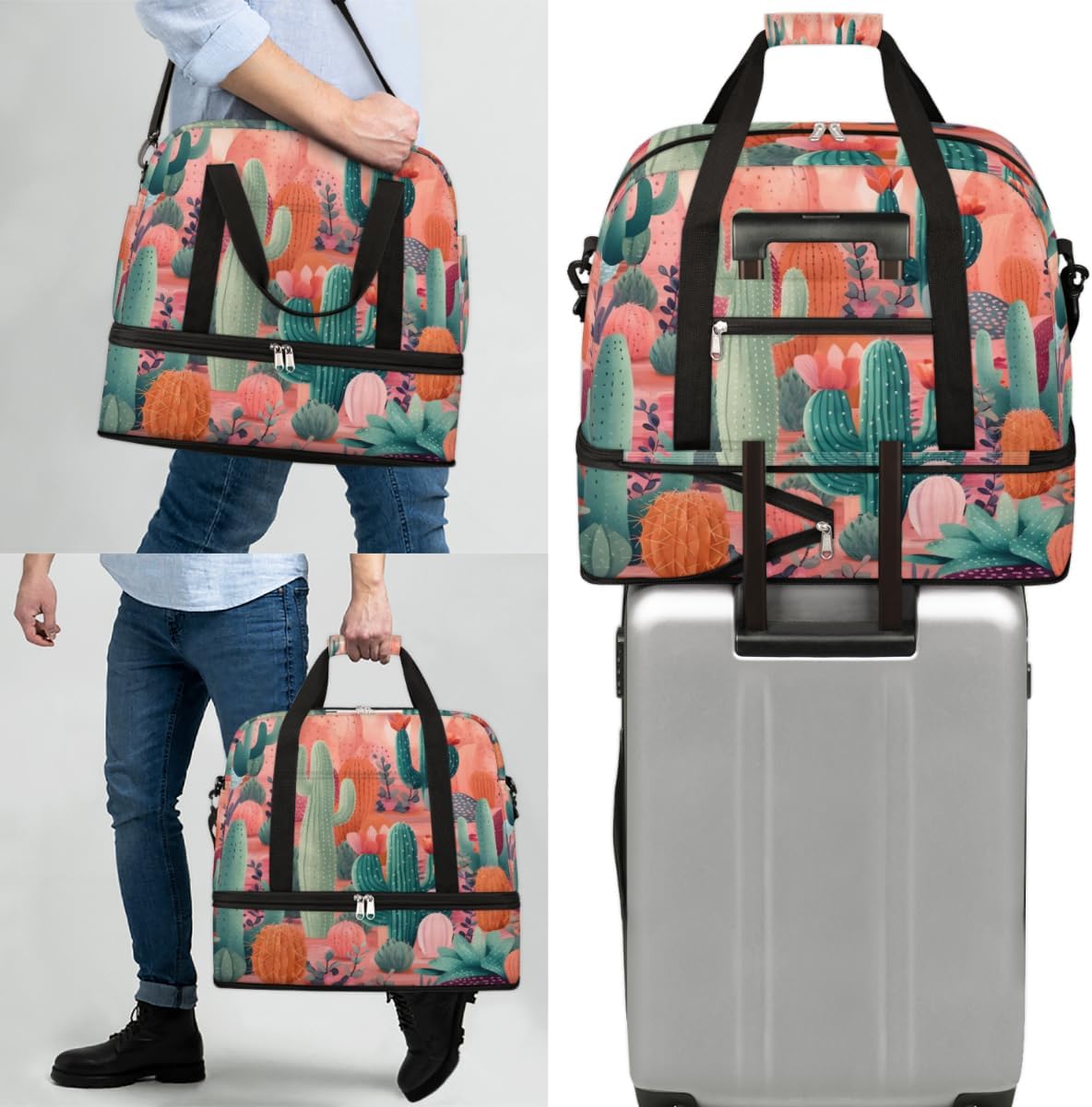 QsirBC Interesting Cactus Gym Bag for Women Duffle Tote with Shoes Compartment Men Weekender Duffel for Dance Travel Sports Swimming Overnight