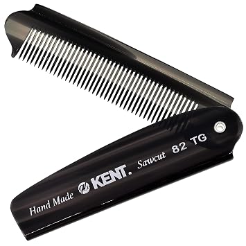 Kent 82T Black Graphite Folding Pocket Comb for Men, Fine Tooth Hair Comb Straightener for Everyday Grooming, Beard or Mustache, Use Dry or with Balms, Saw Cut Hand Polished, Made in England