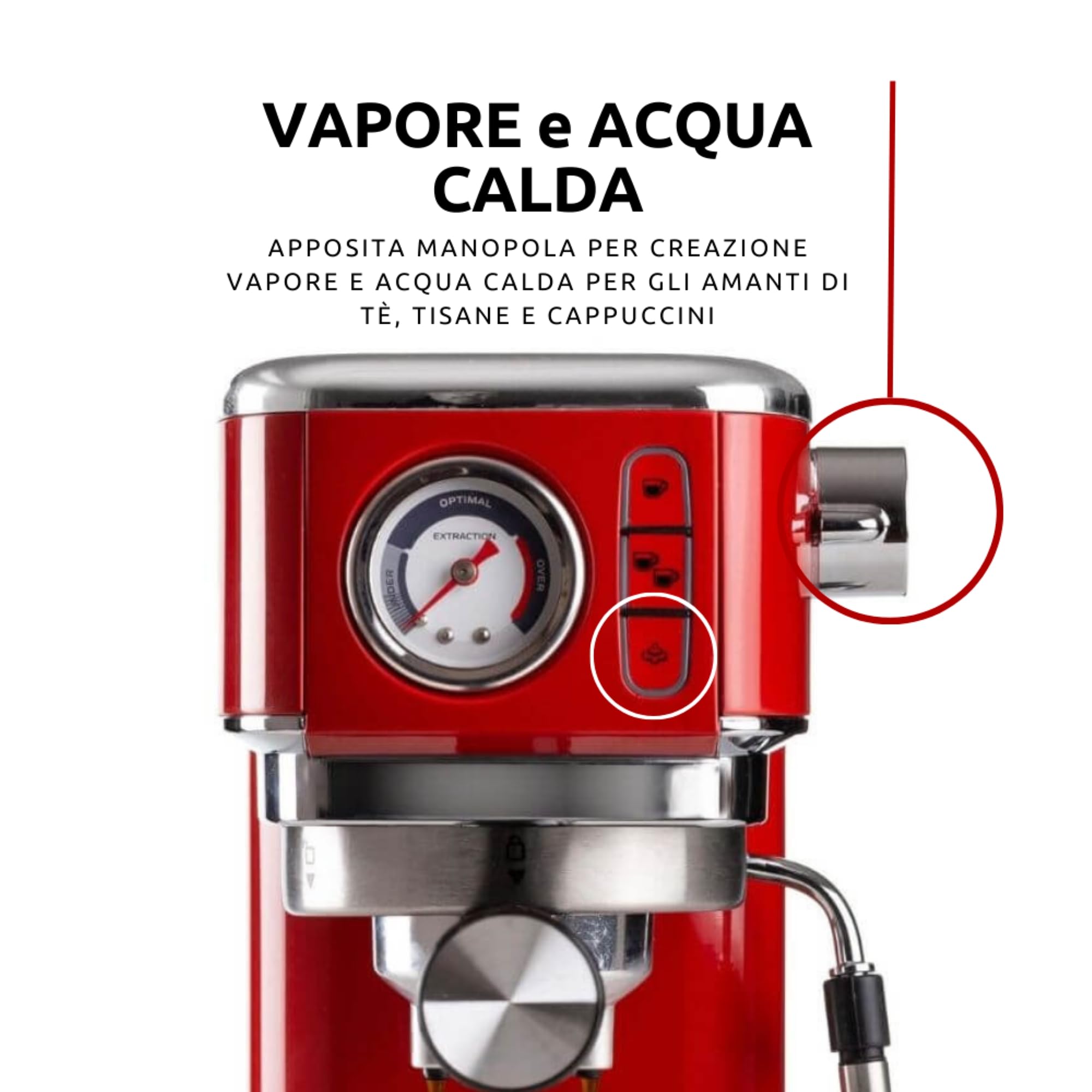 Ariete Espresso Slim Metal 1381, Macchina da Caffè con Manometro, Compatibile con Caffè in Polvere e Cialde ESE, 15 Bar Massime, Filtro 1 o 2 Tazze, Lancia per Cappuccino, 1300W, Rosso