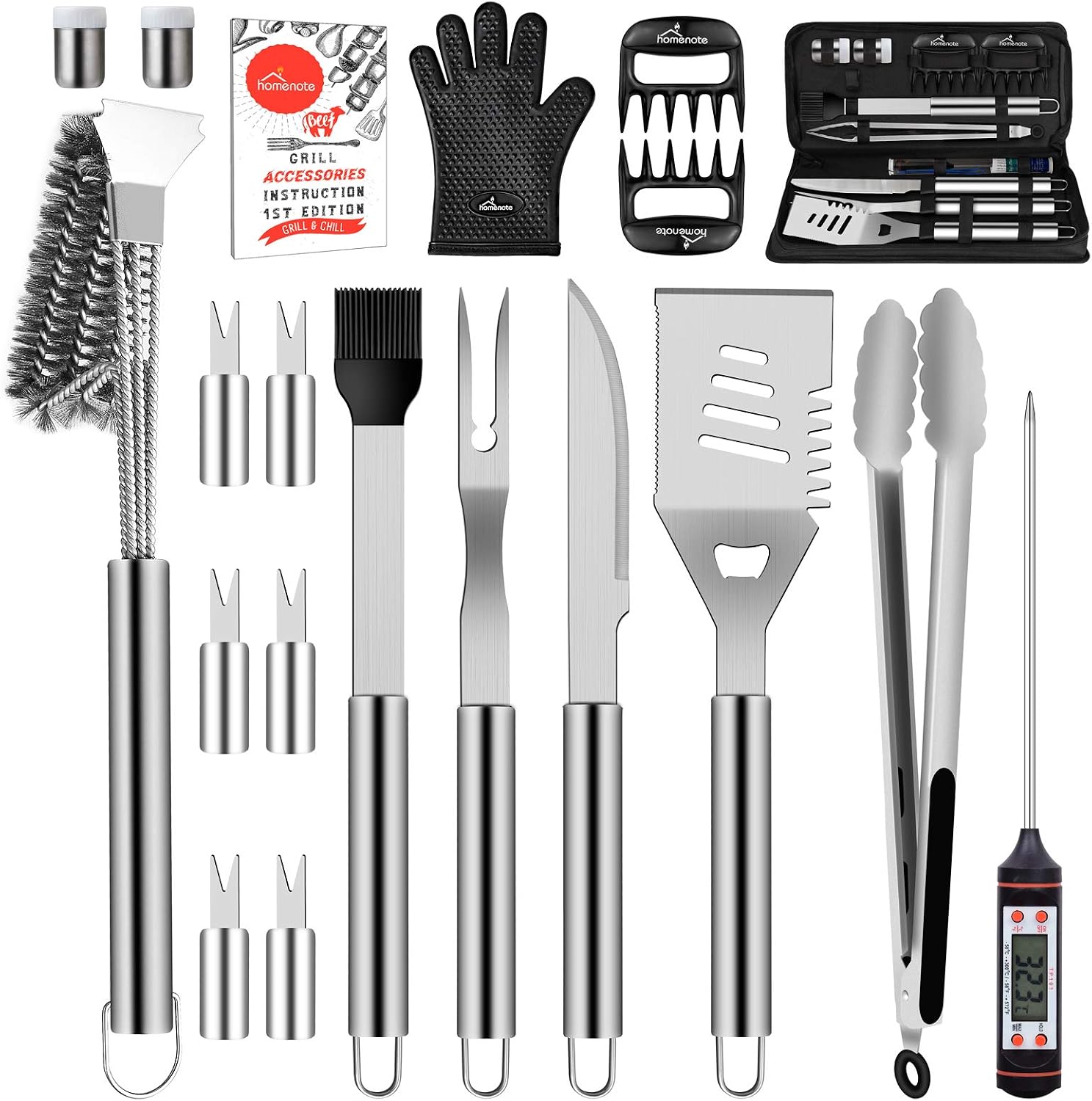 homenote Grill Accessories, 20Pcs Stainless Steel BBQ Grilling Tools Set Grill Utensils with Heavy Duty Brush, Meat Claw Thermometer for Smoker, Camping, Kitchen, Perfect Grill Gift for Men Women