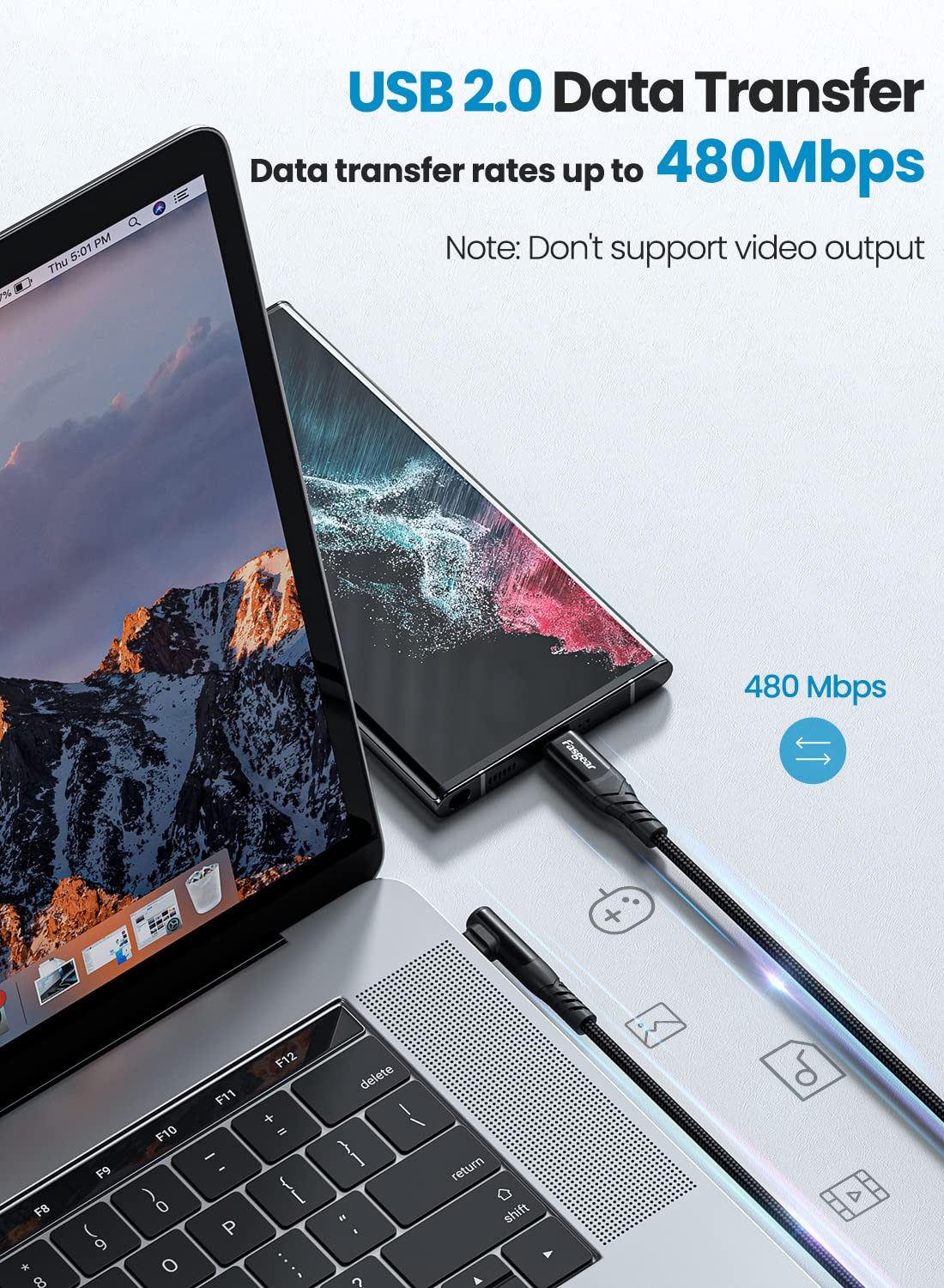 Fasgear Lot de 2 câbles USB C vers USB C, 3 m, 60 W de type C vers type C à angle droit de 90 degrés, PD à charge rapide compatible avec Galaxy S22