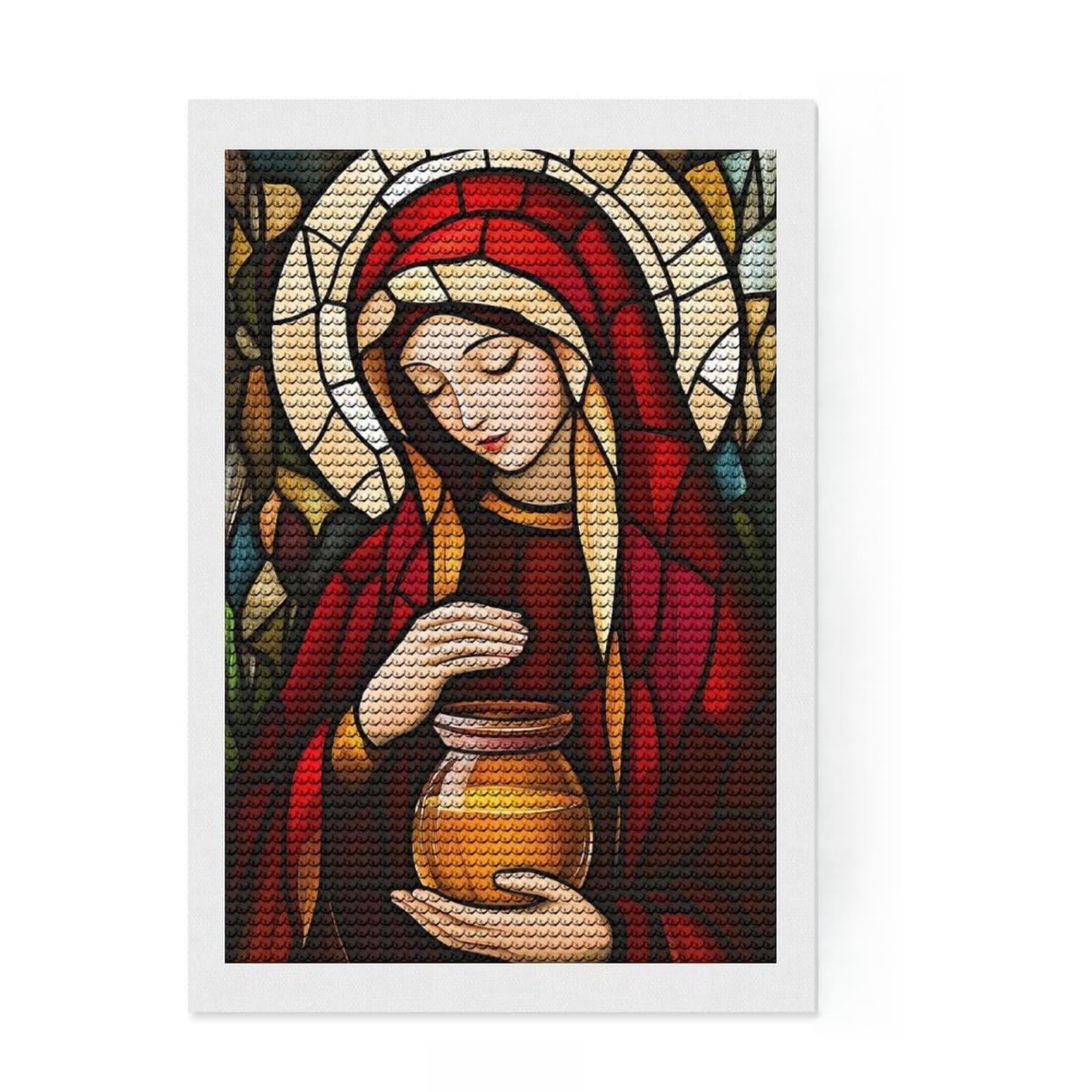Junmoney Mary Magdalene Stained Glass Round Drill Diamond Painting 8"x12", for Teens, Farmhouse Decor, Pleasing Wall Art Project, Festive Craft Gift