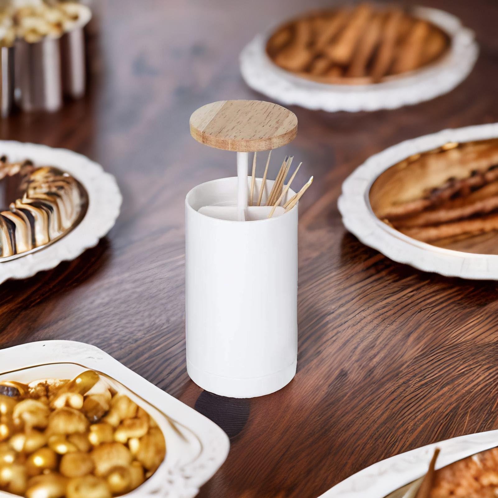 Toothpick Holder Dispenser, 4-Compartment Hand-Pressed Automatic Qtip Dispenser Cotton Swab Dental Floss Container for Home Bathroom Kitchen Restaurants (Toothpick Not Included)