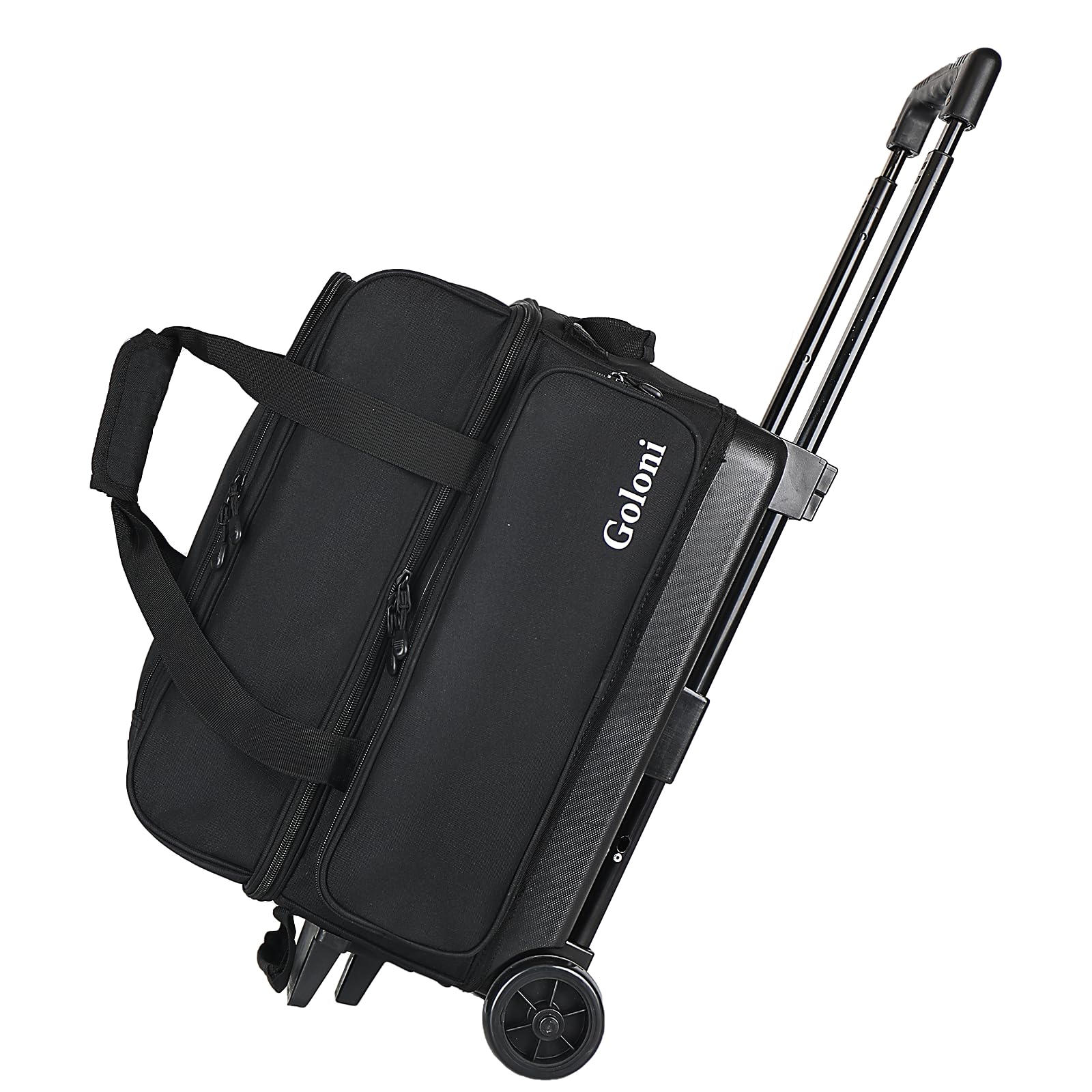 Goloni Double Roller 2 Ball Bowling Bag with Large Separate Shoe Compartment for Bowling Shoes (Up To US Mens Size 15) -Retractable Handle Extends to 40"