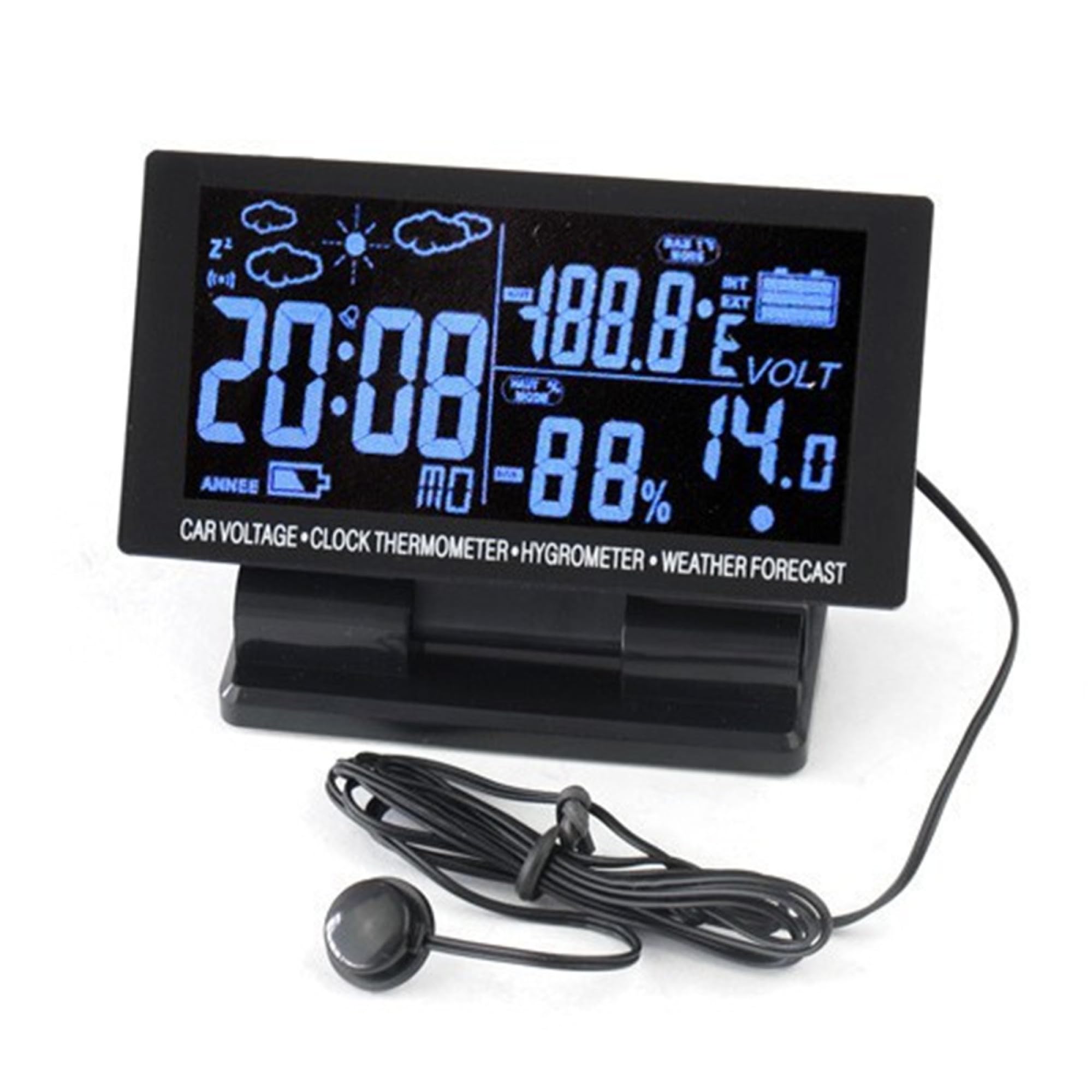 Riloer Car LCD Digital Multifunctional Clock 12V/24V Thermometer Hygrometer Weather Forecast Temperature Alarm 4 in 1 with 1.5m Cable