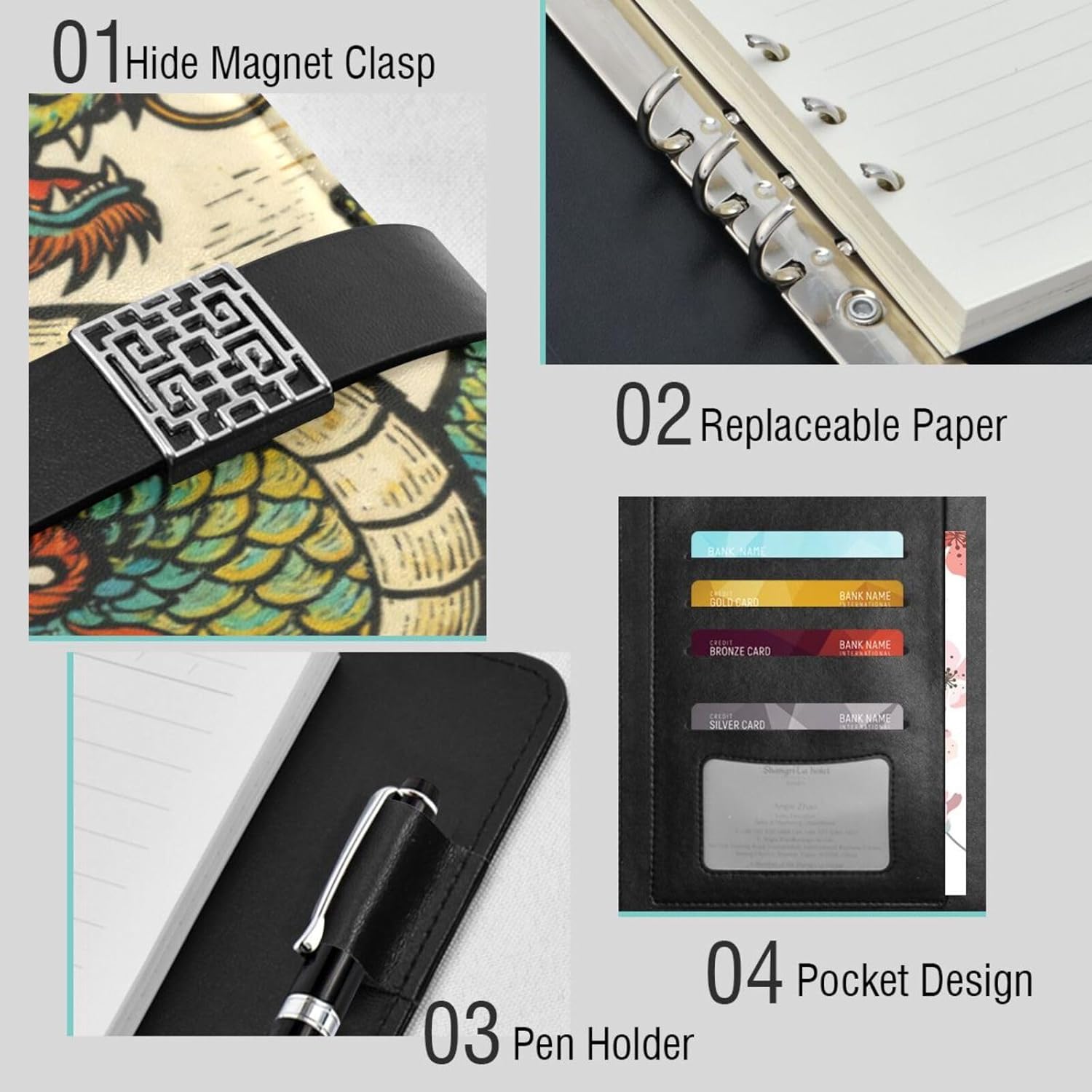 tplaotee Fashion Chinese Dragon Colorful leather lined notebooks college portable leather notebook for travelling 6.7x9.2