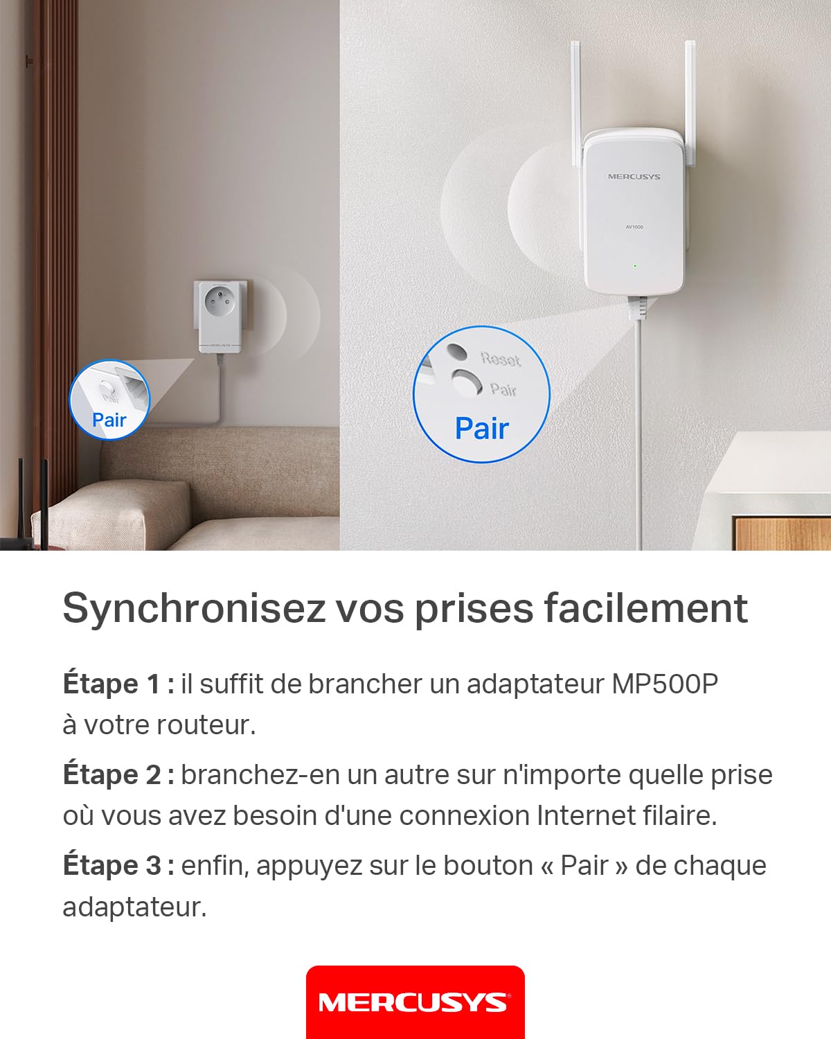 Mercusys CPL WiFi AV1000 Mbps WiFi 1000 Mbps, Kit de 2 MP515 | Compatible toutes box Fibre, Plug & Play, Profitez d'un WiFi rapide grâce au réseau électrique, Idéal pour le Streaming 4K