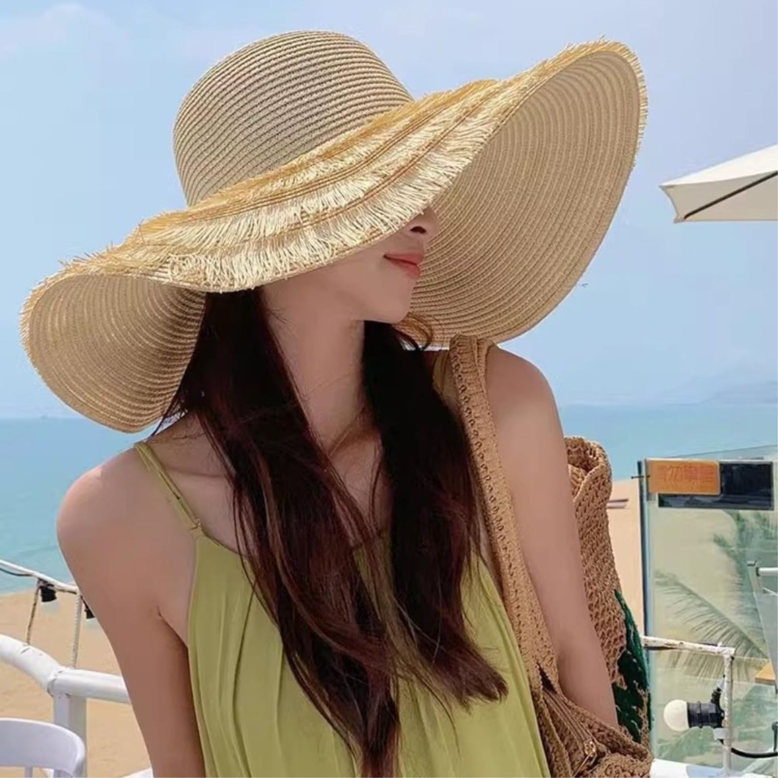 Straw Hat Women's Fashionable Wide-Brimmed Hat, składany Casual Panama Sun Protection Fisherman Hat-beżowy