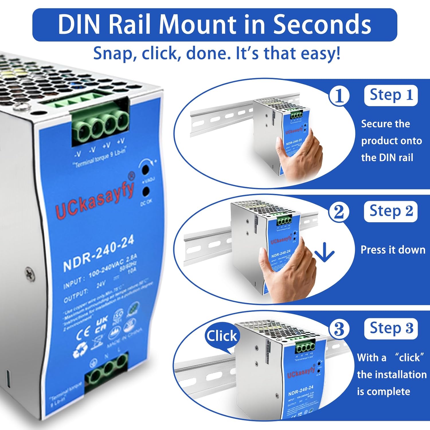 NDR-240-24 DIN Rail Power Supply 24V 10A 240W Single Output, Input 100-240V AC 50/60Hz, Industrial AC/DC Switching Converter with Active PFC