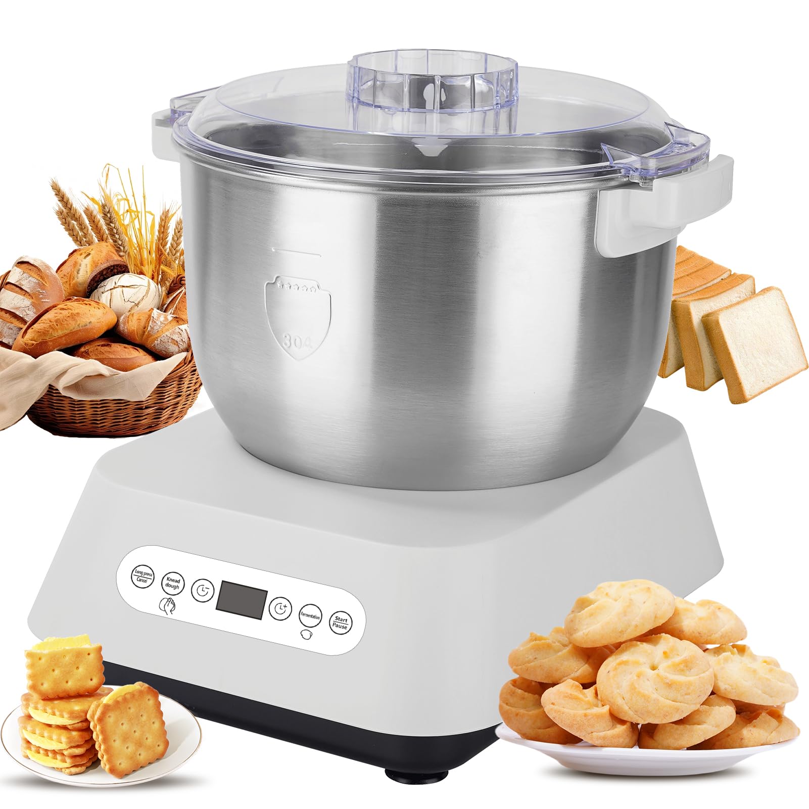 Machine à Pâte avec Fonction de Fermentation,Mélangeur de Farine de Pâte en Acier Inoxydable Antiadhésif,Mélangeur pâte Conception Divisée, Minuterie Intelligente, avec lames Remplaçables,7L