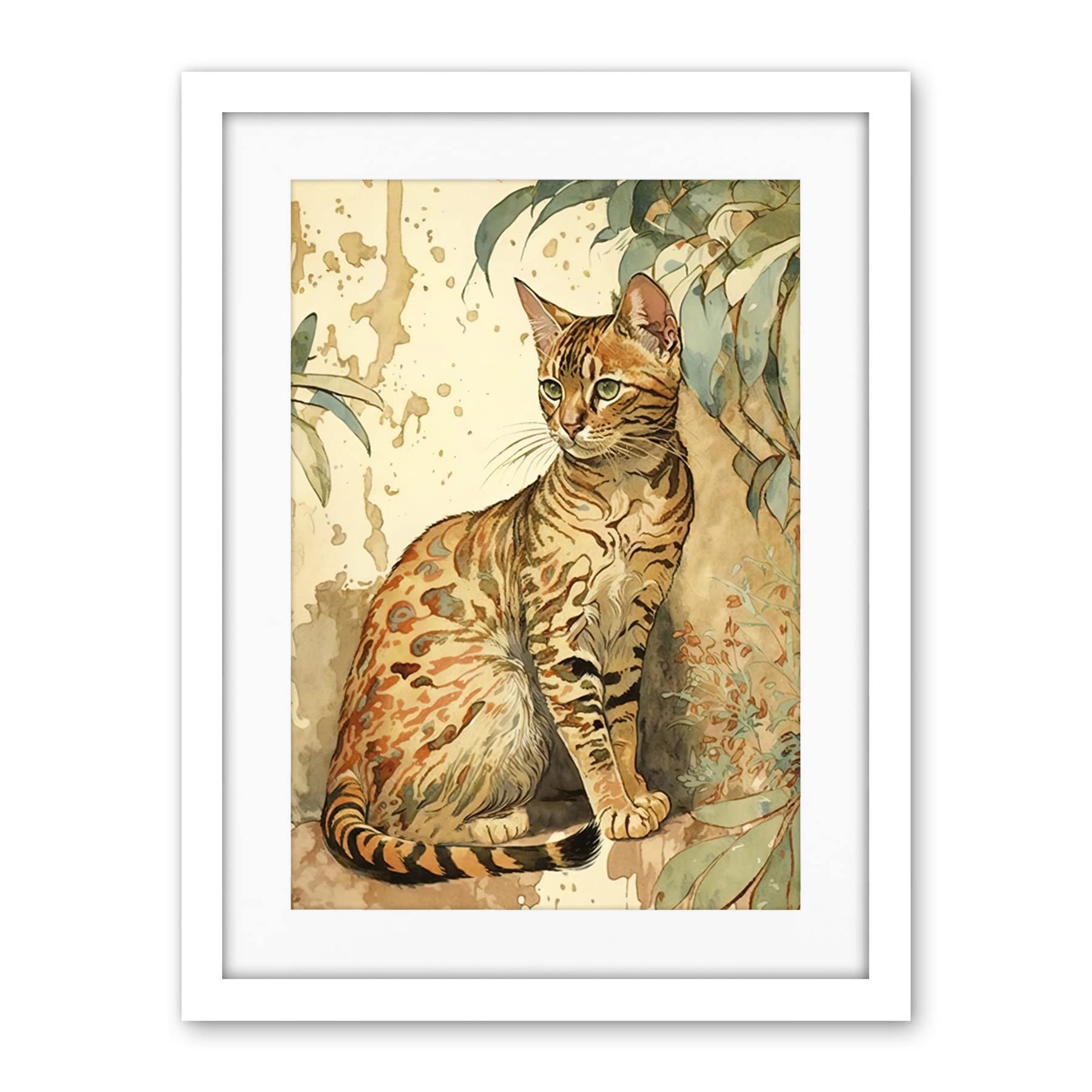 Artery8 Marble Coat Bengal Cat Perched on Street Wall Watercolour Illustration Artwork Framed Wall Art Print 18X24 Inch