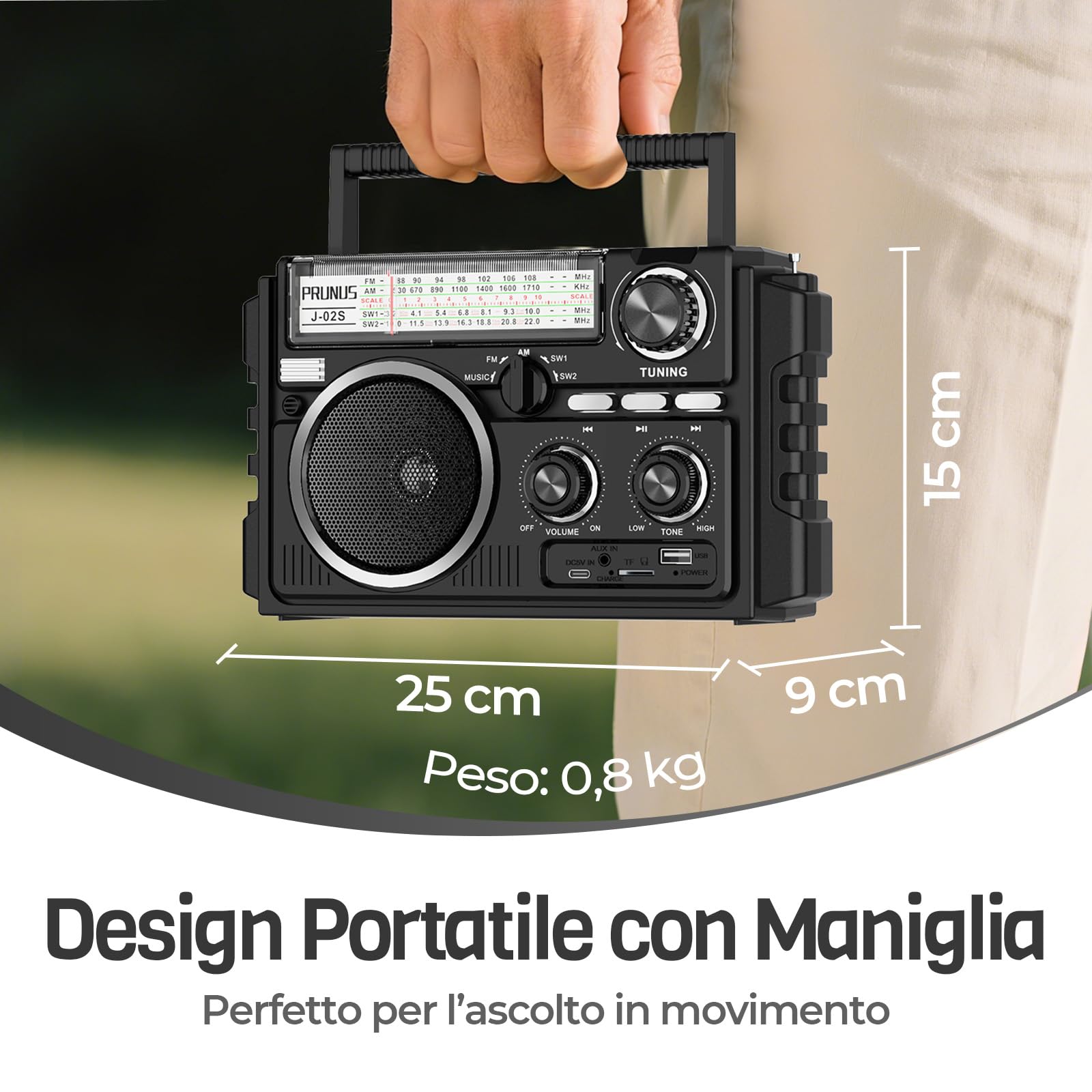 PRUNUS J-02 Radio Portatile Solare FM/AM/SW, Radio Bluetooth Ricaricabile con Batteria 1800 mAh o Pile D, Radiolina a Transistor a Doppia Antenna, Supporta TF/USB, per Casa, Campeggio e Emergenza.