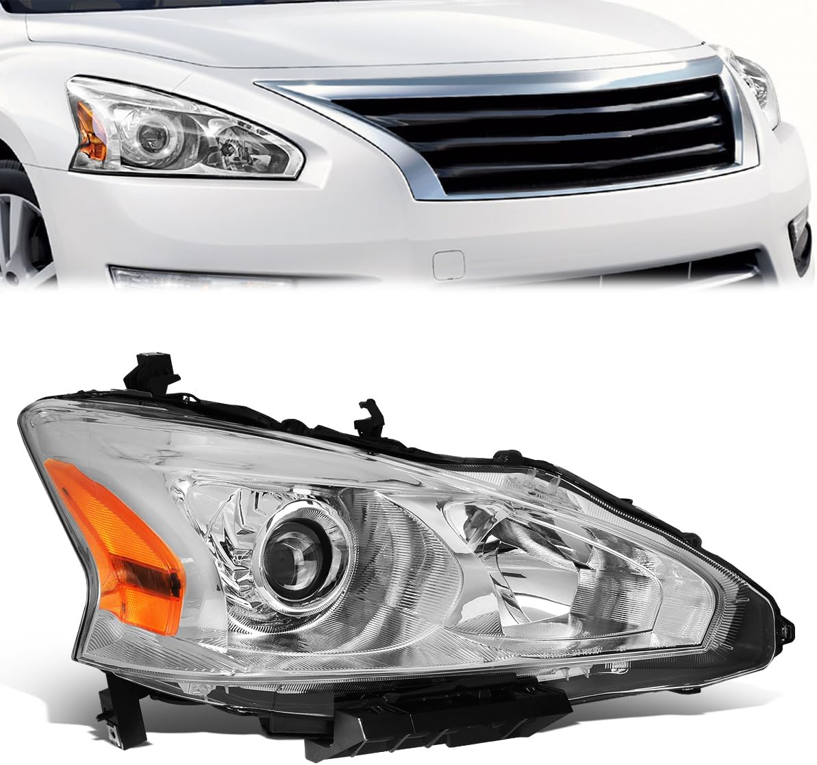 Factory Style Passenger/Right Side Headlight Assembly Compatible with 13-15 Nissan Altima - Chrome Housing Amber Corner