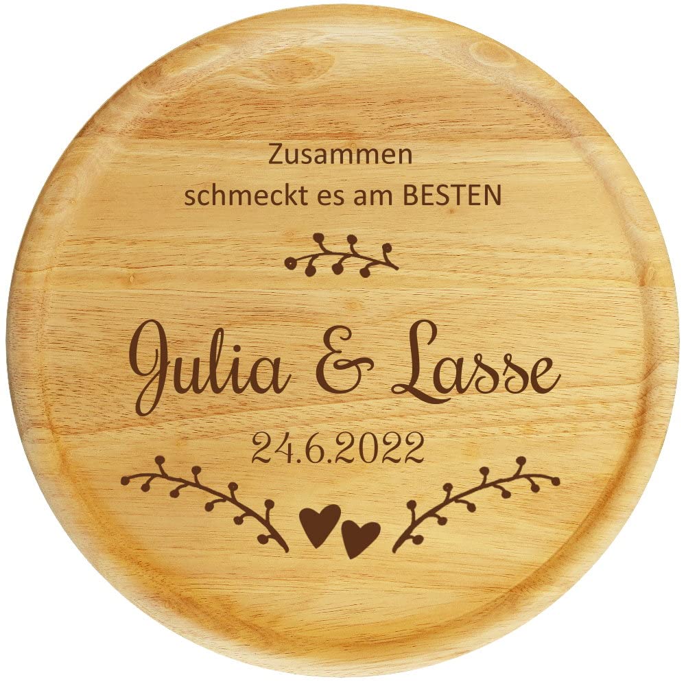 Pizzateller mit Gravur (Namen, Datum) personalisiertes Holz Pizzabrett 32cm - Geschenkidee zum Geburtstag, Geschenke Jahrestag Jubiläum, Holz-Teller MotivP2 Zusammen schmeckt es