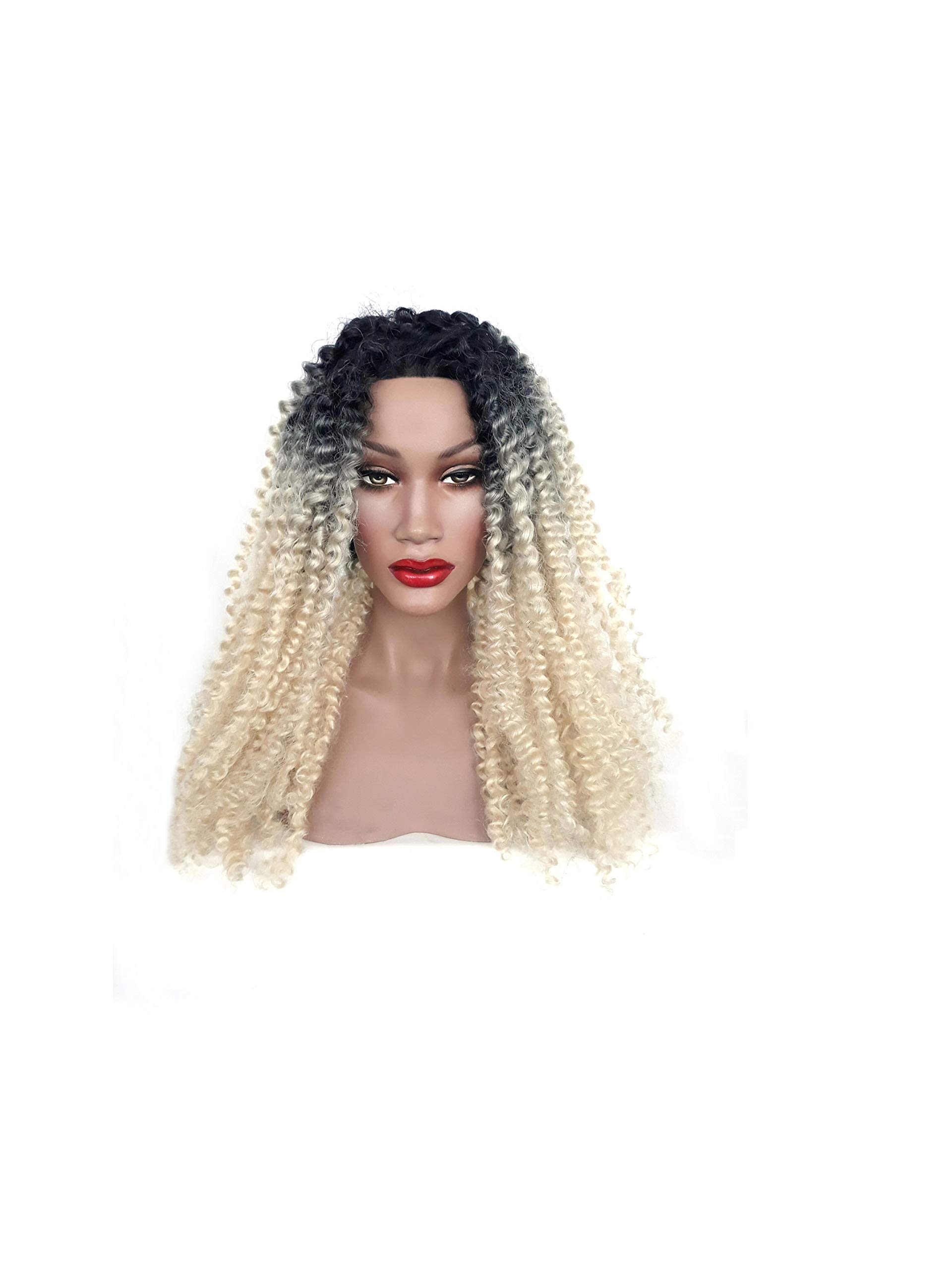 Long Afro Twist Style Curly White Blonde and Black Roots Ombre Lace Front Synthetic Wig