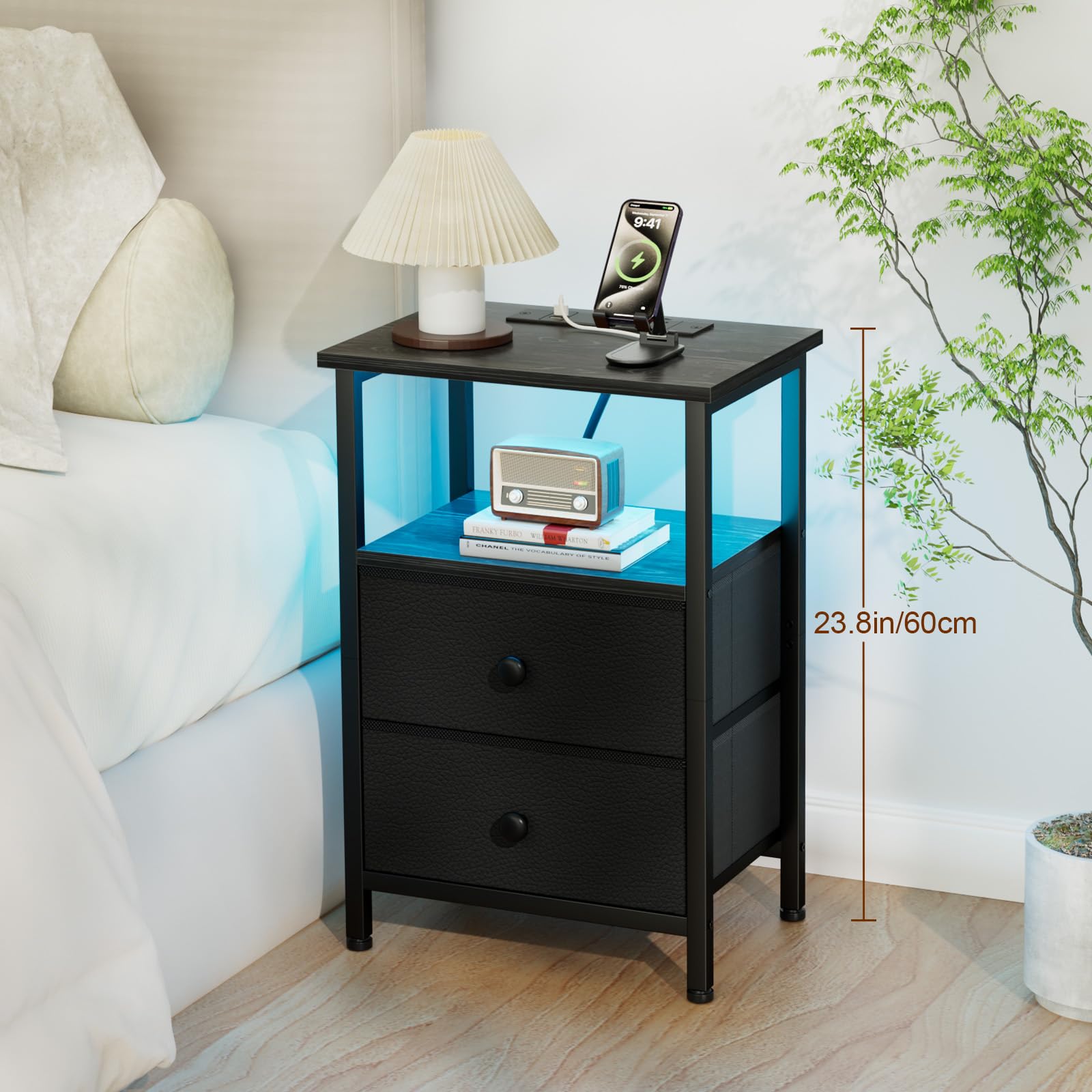 LOAKEKEL Bedside Table with LED Light, Small Side Table with Charging Station - Image 3