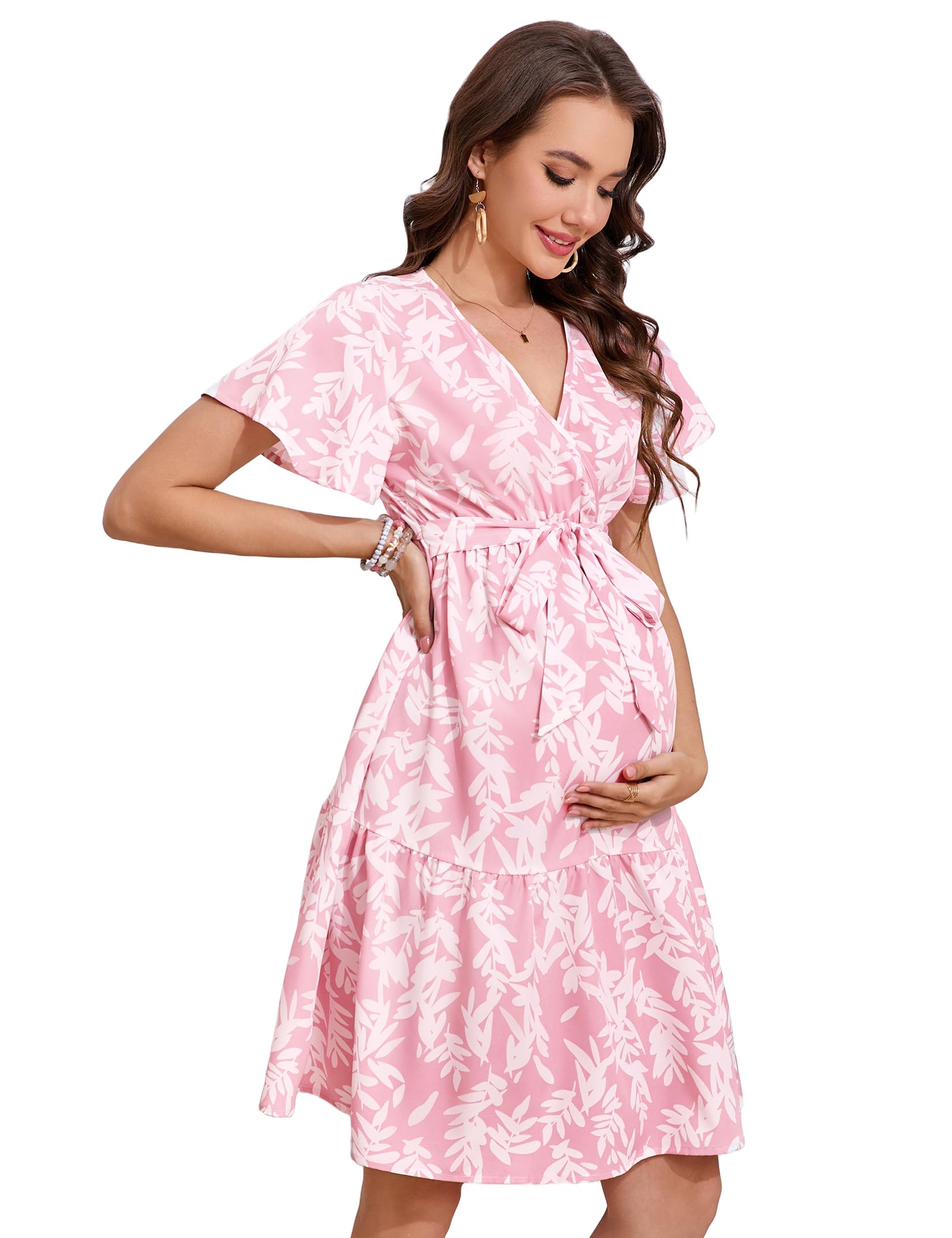 Yesfashion Robe de maternité d'été pour femme - Col en V - Manches courtes - Élégante robe de grossesse avec ceinture (emballage réutilisable)