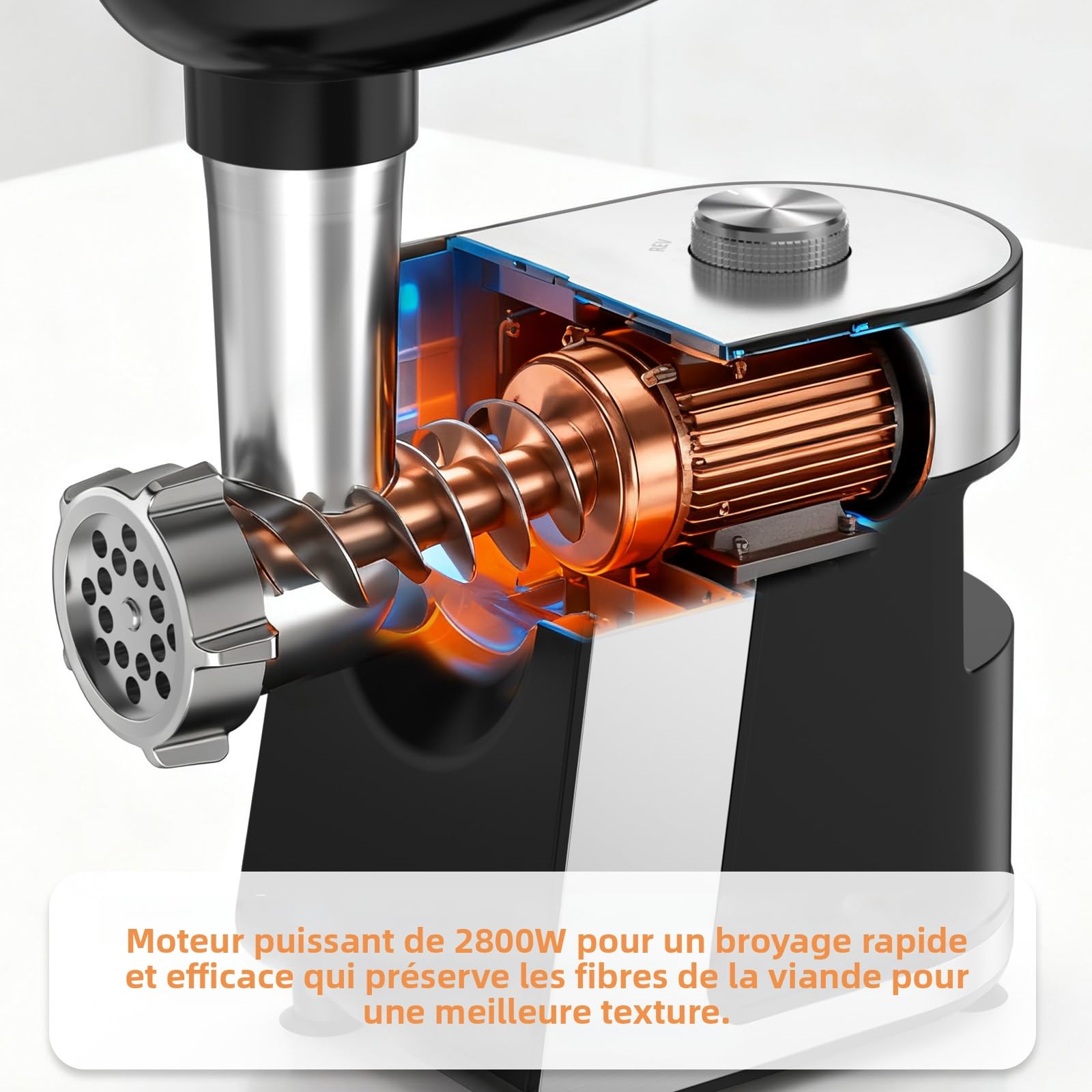 FITNATE Hachoir à Viande Électrique, Robot Multifonction avec Tube à Saucisses, Râpe à Fromage & Coupe-Légumes, 3 Grilles de Hachage Fin/Moyen/Grossier Incluses