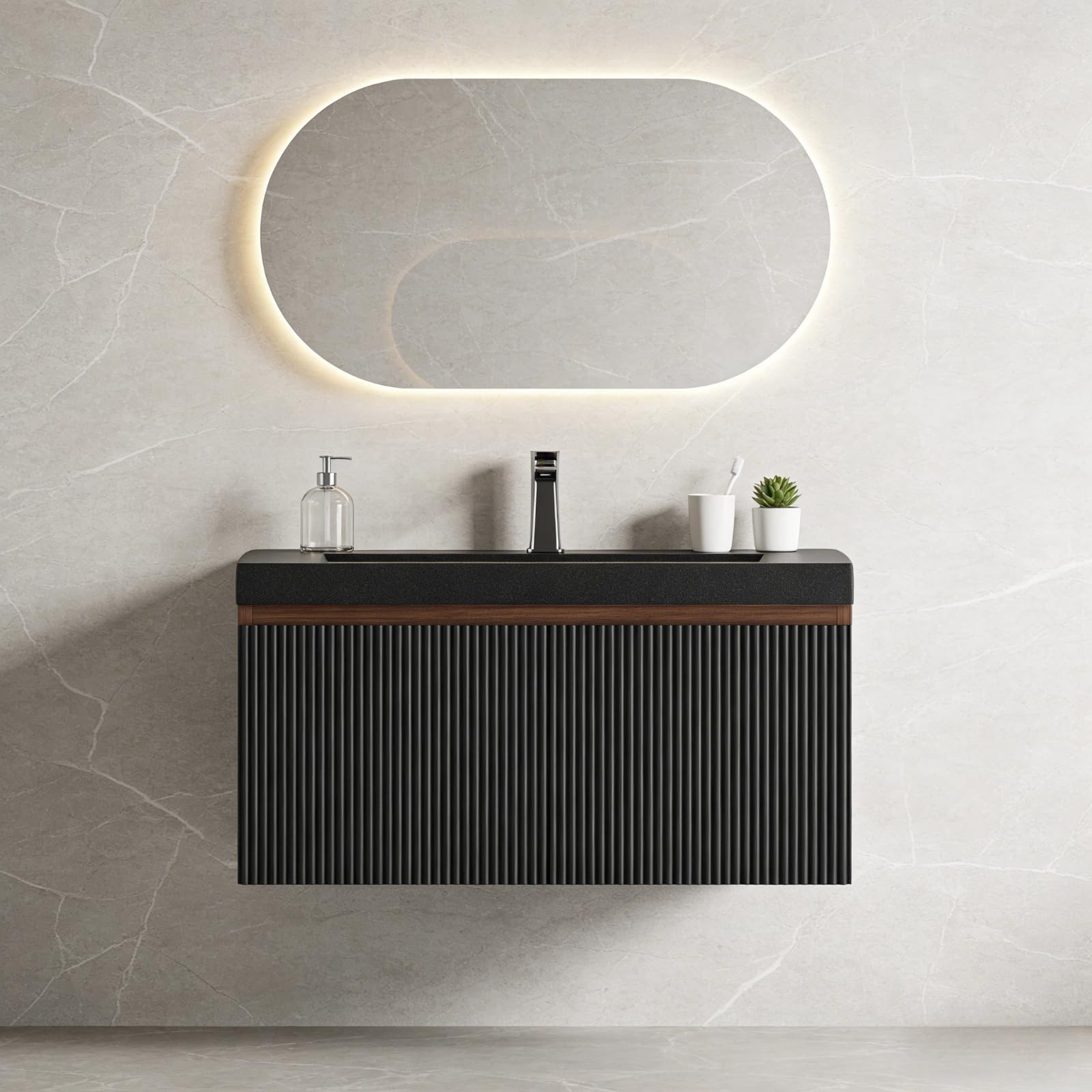 30'' Floating Bathroom Vanity with Sink, Wall-Mounted Bathroom Storage Cabinet with Soft-Close Striped Drawer &amp; Quartz Sand Basin, Modern Smoked Walnut Body with Internal Handle, Black