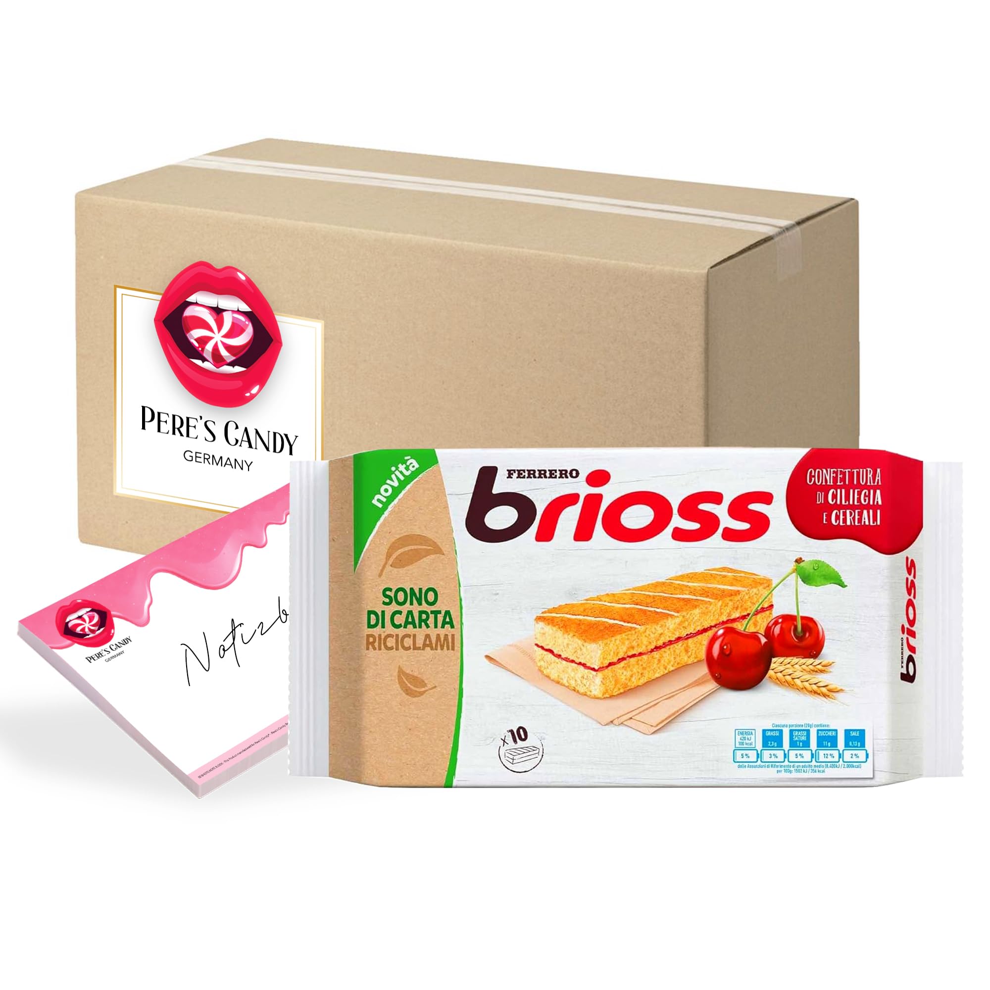 Pere's Candy Bundle für 3 x 280 g Ferrero Brioss Kirschmarmelade Kuchen Leckerer Snack + Pere's Candy Notepad DIN A7-25 Blatt