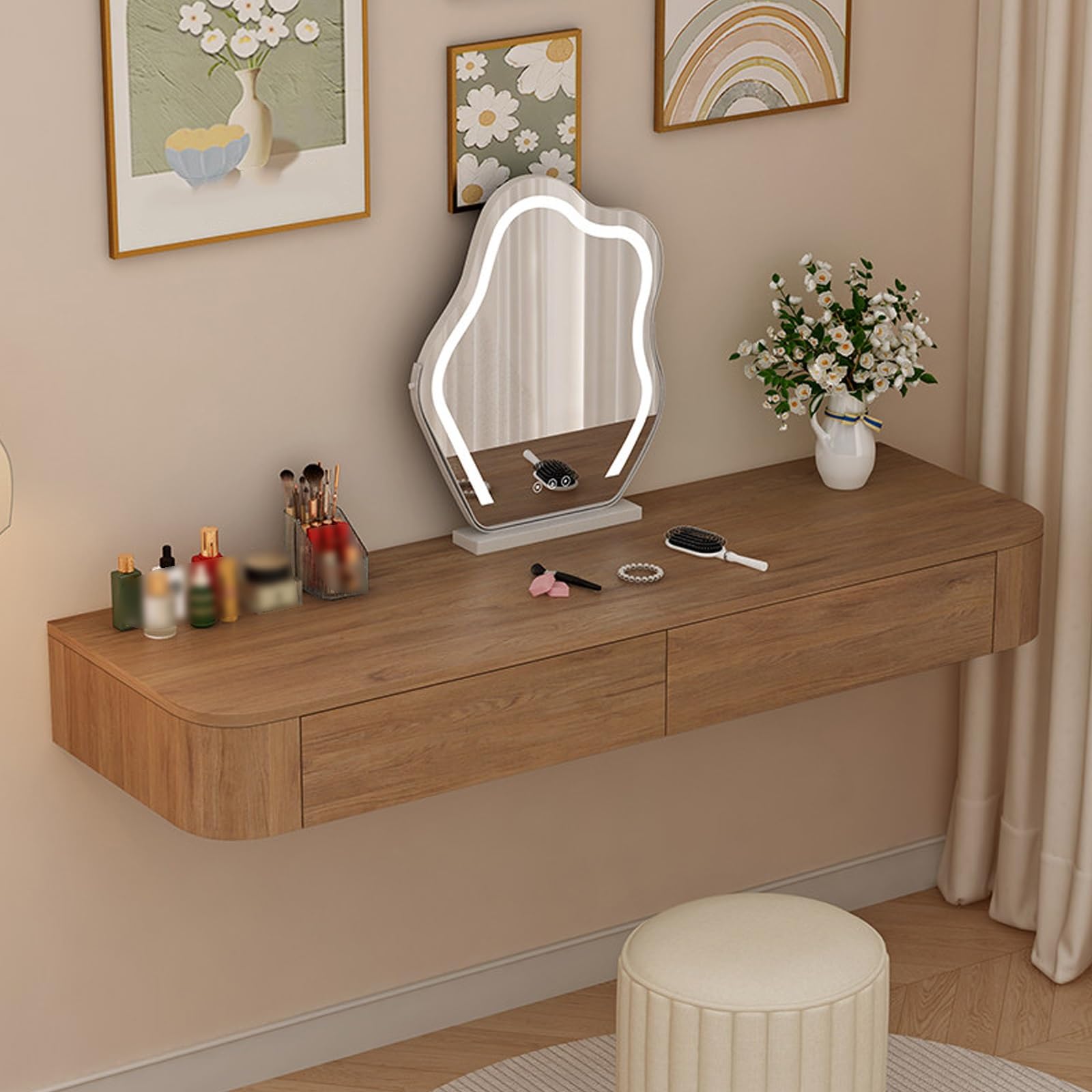 YITAYMLI Floating Solid Wood Makeup Vanity with Drawers, Fully Assembled Wall Dressing Table, Multifunctional Desk Rounded Corners, for Bedroom Home, Table Only(Oak+Wood Top,120cm/47.2in)