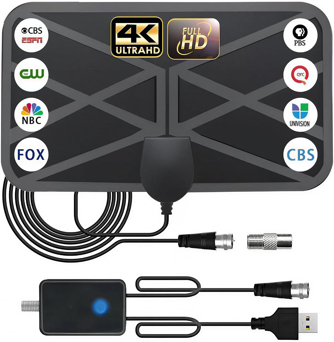Antena de TV Antena digital interior Antena de TV portátil para canales locales Admite televisores inteligentes 4K 1080p - Incluye amplificador de señal Cable coaxial HDTV de 16.5 pies