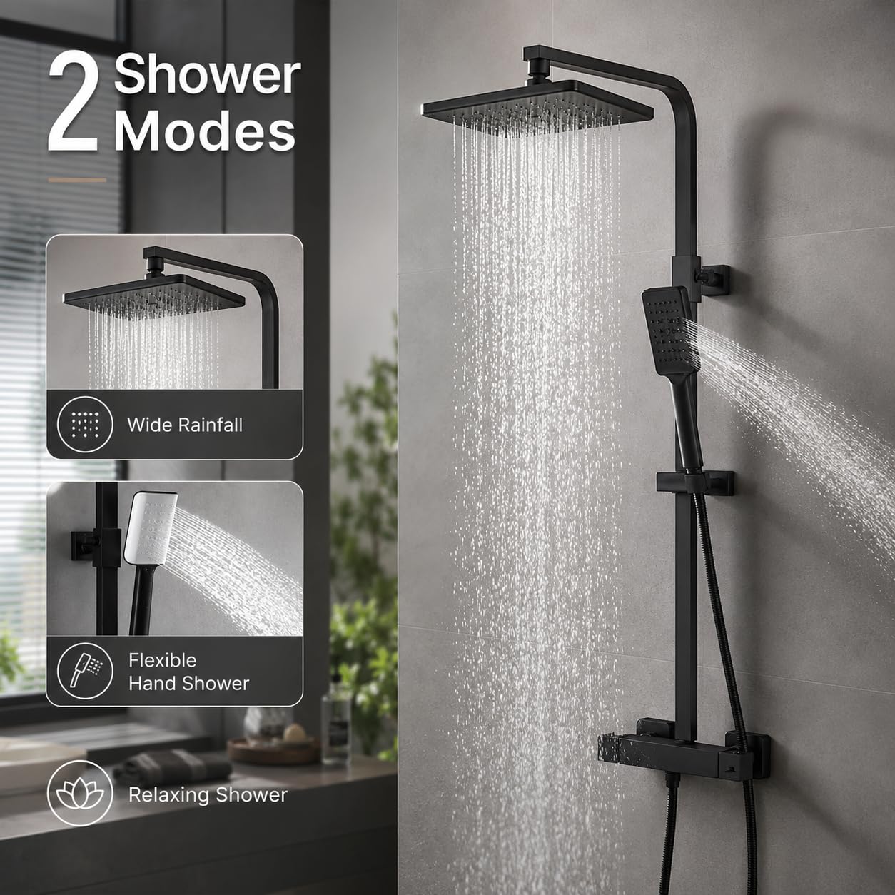 Columna de ducha termostática negra, conjunto de ducha de lluvia con mezclador termostático, ducha de mano y barra ajustable, sistema de ducha de pared para cuarto de baño hotel