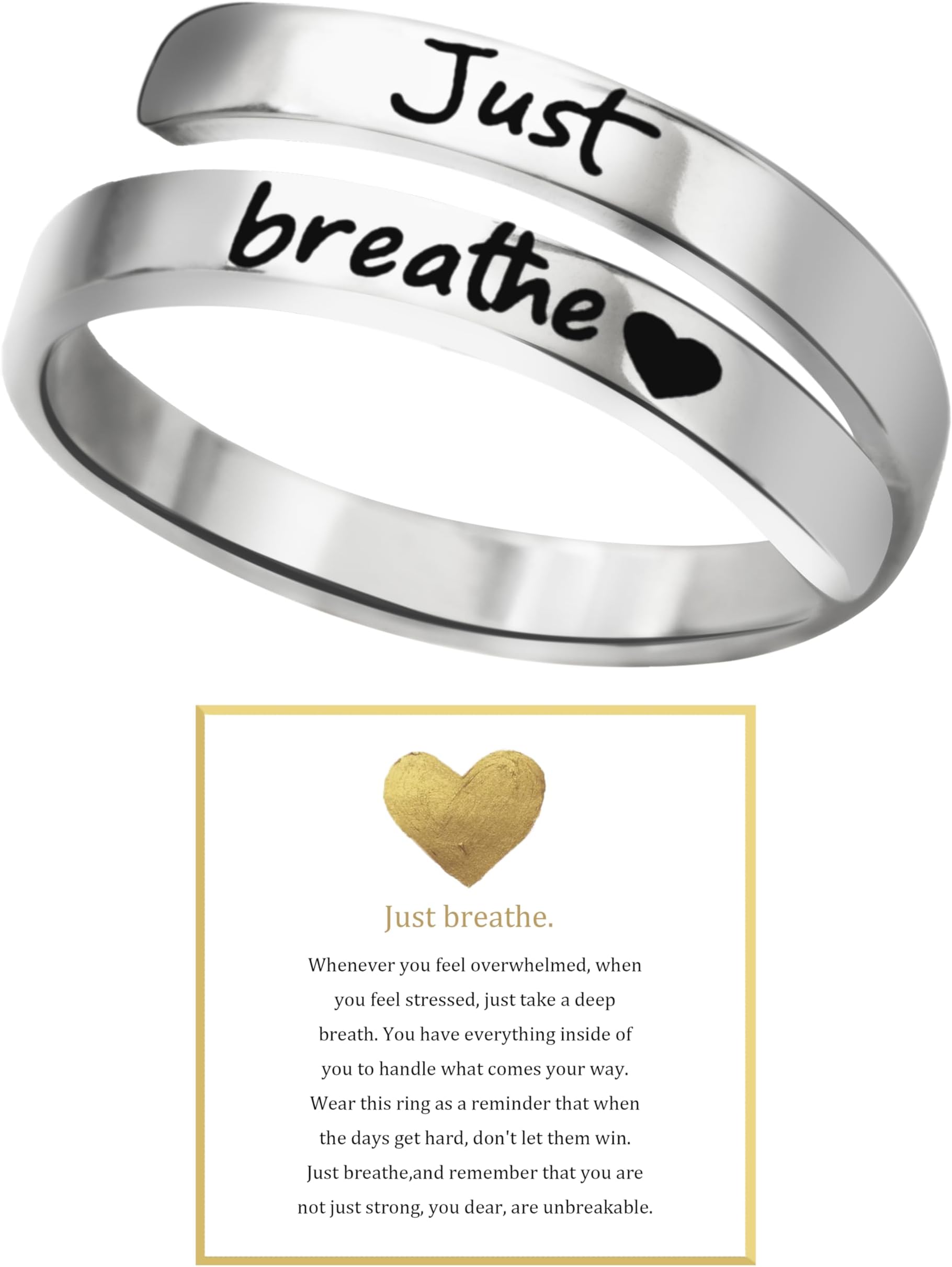 HOLINSEJust Breathe Ring for Women, Adjustable Heart Ring, Stainless Steel Spiral Wrap Healing Rings, Inspirational & Heart felt Gift