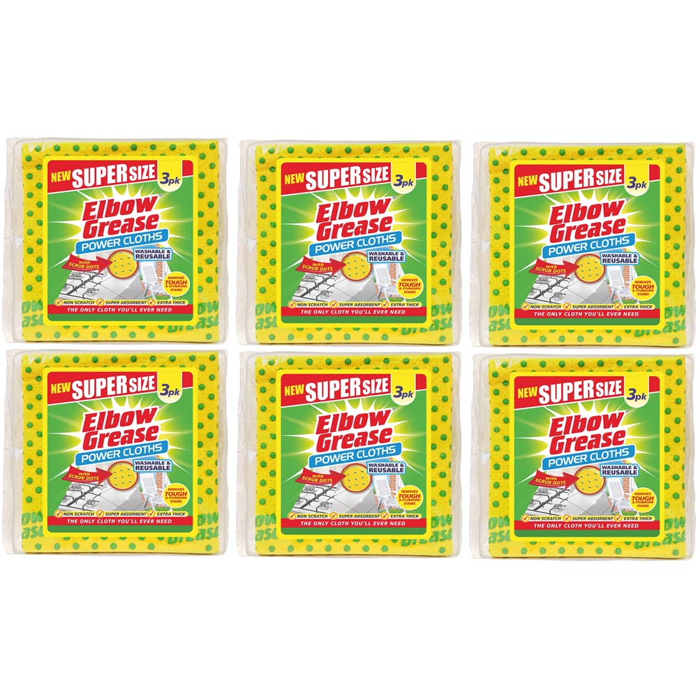 Elbow Grease Power Cloths 3 Pack Super Absorbent Extra Thick With Scrub Dots (6 Packs / 18 Cloths)