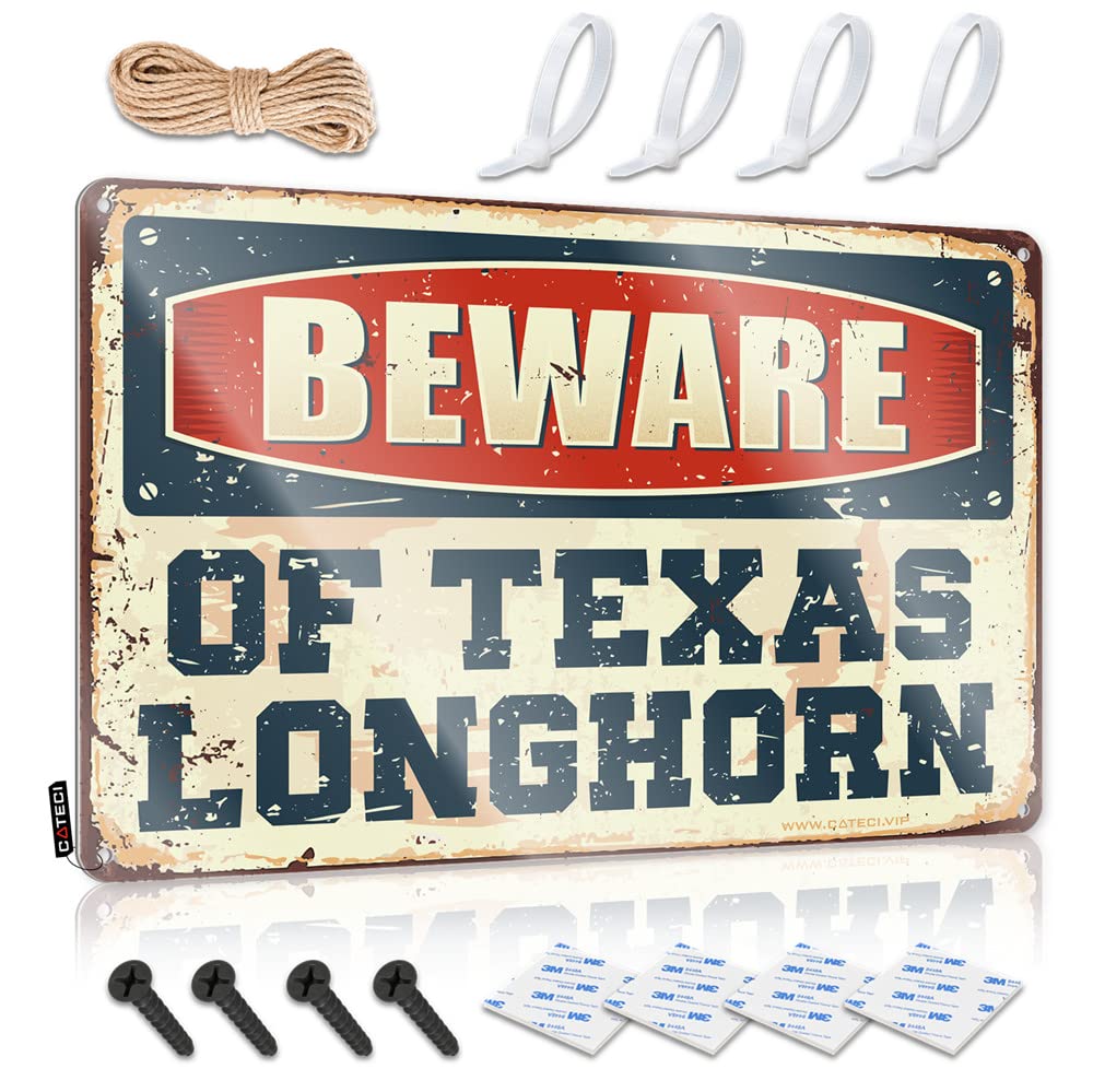 Tin Sign Metal Beware Of Texas Longhorn Sign Funny Tin Metal Signs Man Cave Funny Signs(30X40CM)