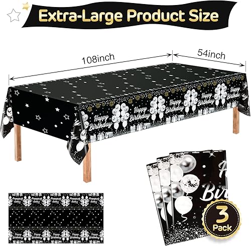Miniatura 2 de Paquete de 3 manteles de plástico negro y plateado para mesas rectangulares, manteles desechables para fiestas, manteles negros y plateados para