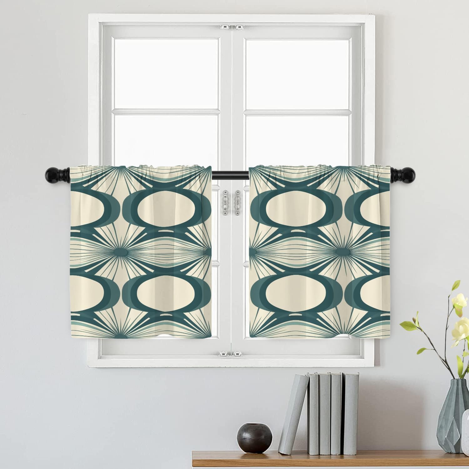 Batmerry Abstract Repeating Tier Curtains, Minimalist Art Modern Cafe Curtain Short Kitchen Drapes Small Valance for Bathroom, 2 Pack 26X24 Inches